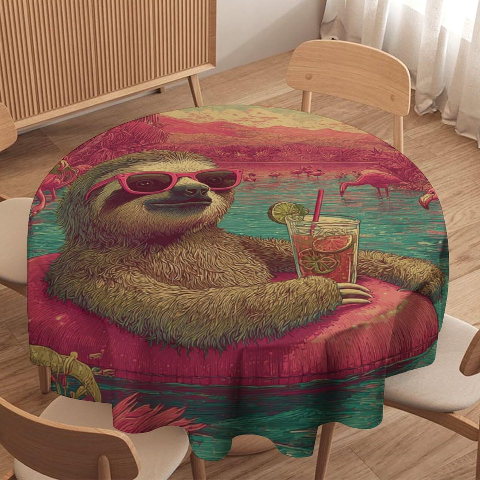 LUYYSKY Funny Abstract Sloths Round Tablecloth Modern Colorful Summer Tropical Palm Trees Animals Sloths Flamingos Washable Decor for Table Cover for Kitchen-127 Wx127 L cm