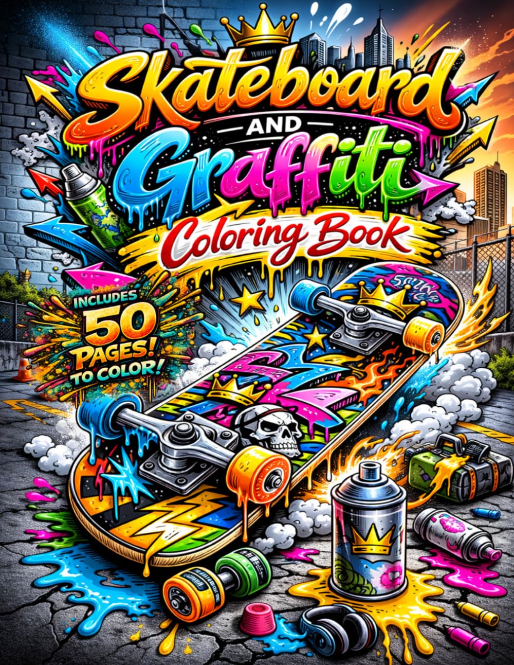 Skateboard and Graffiti Coloring Book: 50 Urban Street Art Coloring Pages for Teens and Adults