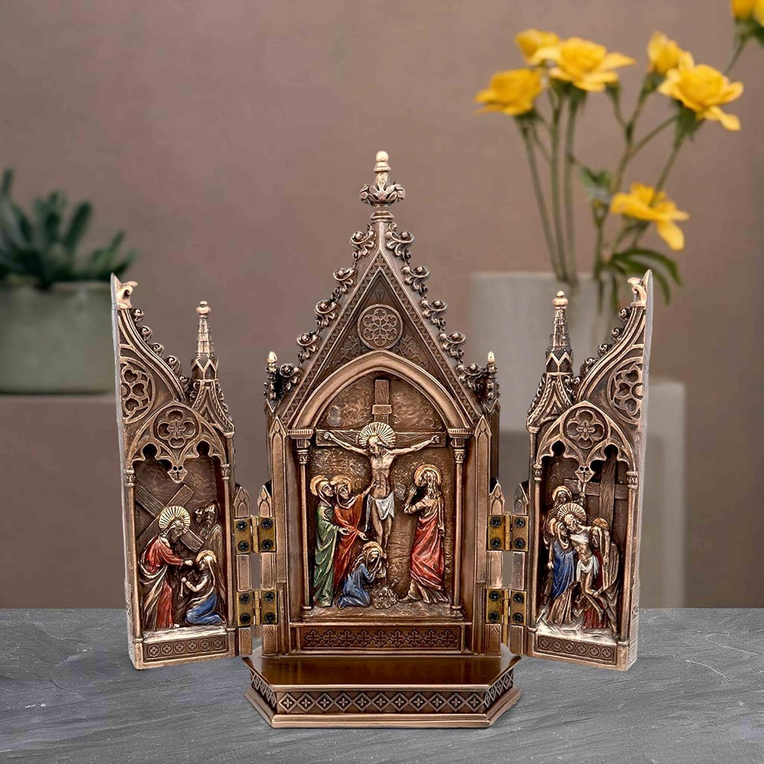 Umi. Christ Statues Poly-Resin (Bronze Mix) Jesus Christ Nailed On The Cross Statue Decorative Church For Christian Home Decor Sculpture, Size 8 Inches
