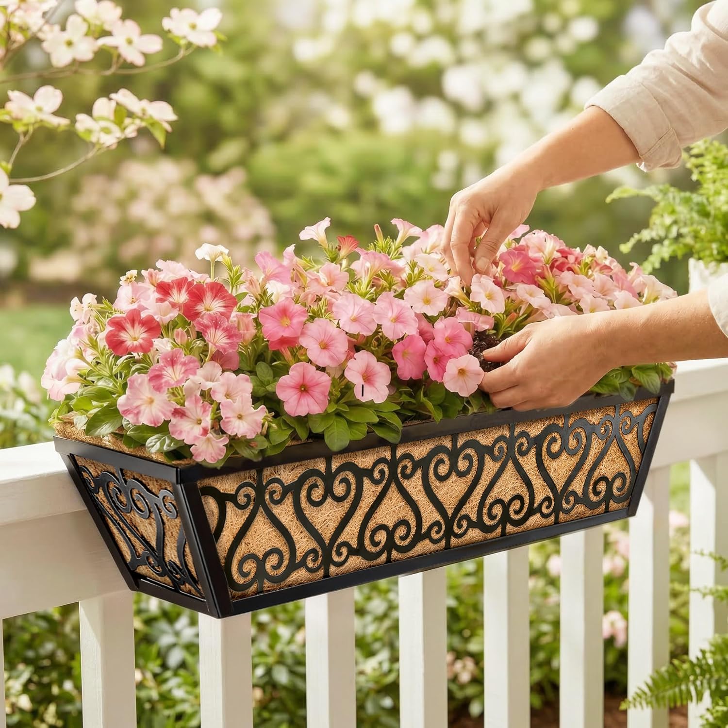 2 Pack 30 Inch Deck Railing Planter Box - Window Boxes Planters with Adjustable Brackets Coco Liners Balcony Planters Railing Hanging for Window Flower Boxes Outdoor Garden Decor