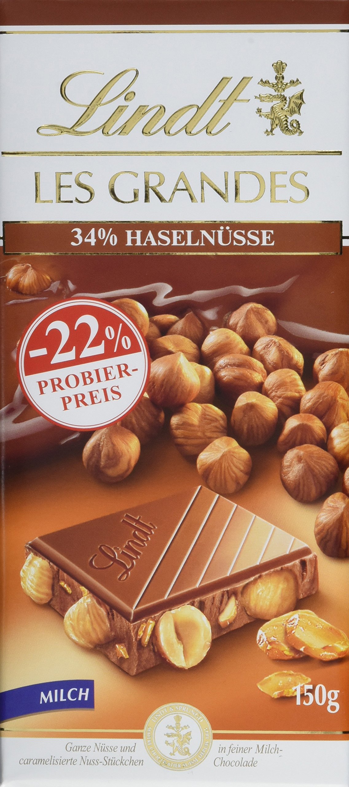 Lindt Les Grandes Haselnuss, Milch, Promotion, Milchschokolade mit gerösteten und karamellisierten Haselnüssen, 13er Pack (13 x 150 g)