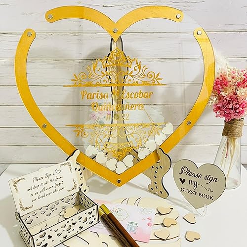 Personalized Quinceanera Guest Book Alternative - Sweet 15 Guest Book With Crown Princess, Customized Transparent Wooden Heart Guest Book Frame -