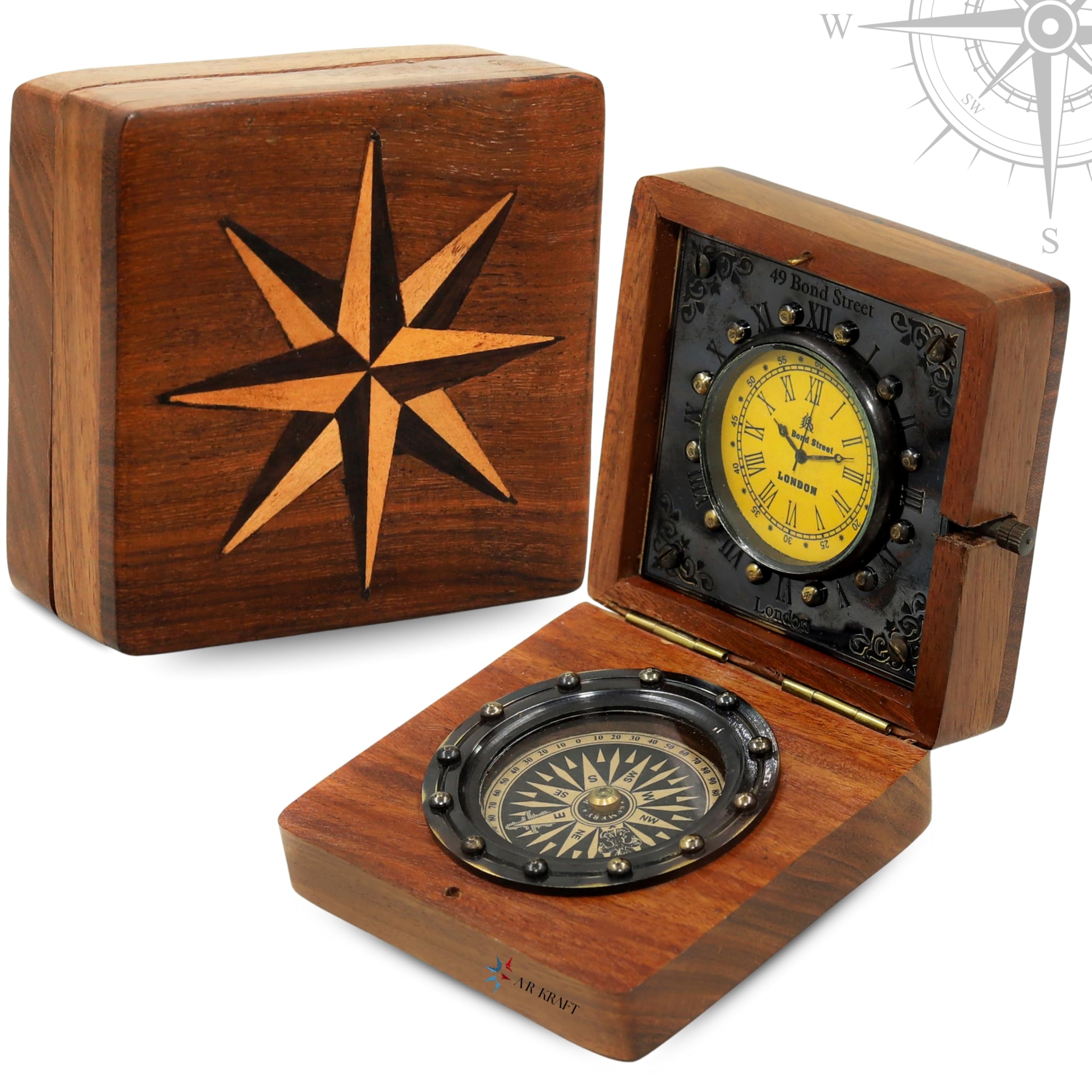 Vintage Wooden Compass and Clock Box Set – 3.5” Handmade Antique Nautical Gift for Men, Dad, Husband, Traveler – Desk Decor Collectible – Steampunk Maritime Keepsake