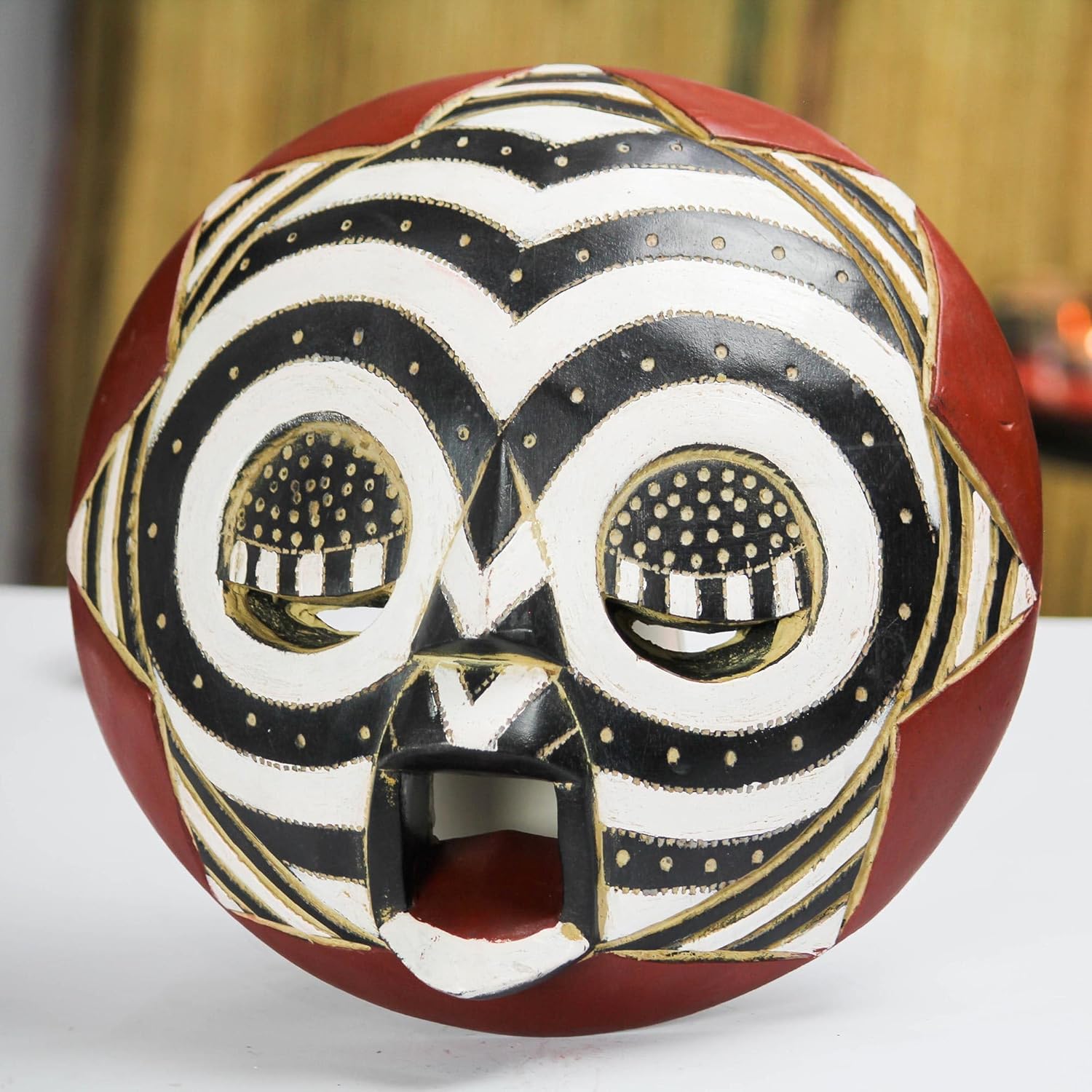 NOVICA Handmade African Wood Mask Black White from Ghana 'Round Zebra'