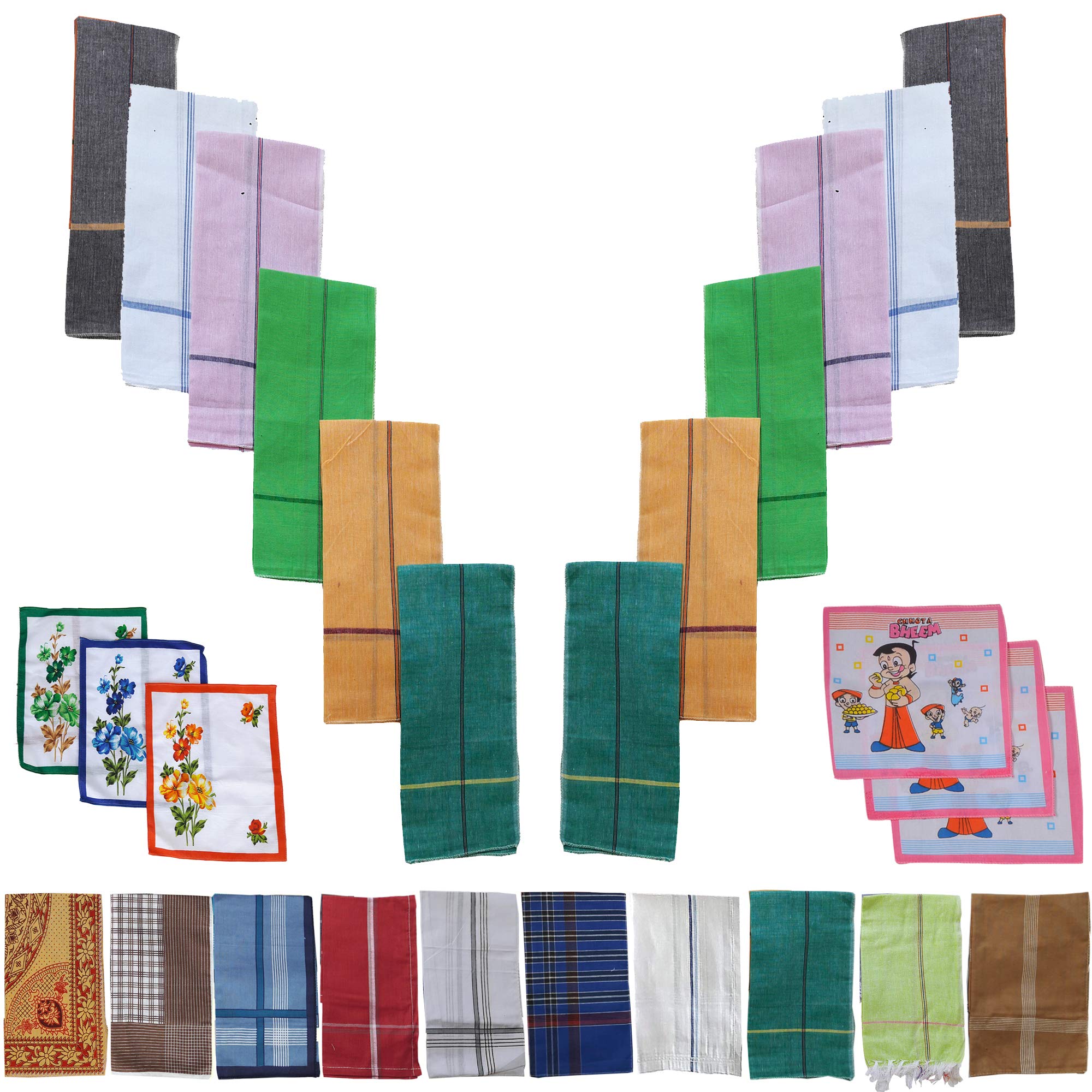 SAI PRASEEDA 100% Pure Soft Cotton Hand Kerchief_Hanky Multi Color Pack of 12 with Free 3 Ladies Kerchief_3 Kids Kerchief SP8-picture-39
