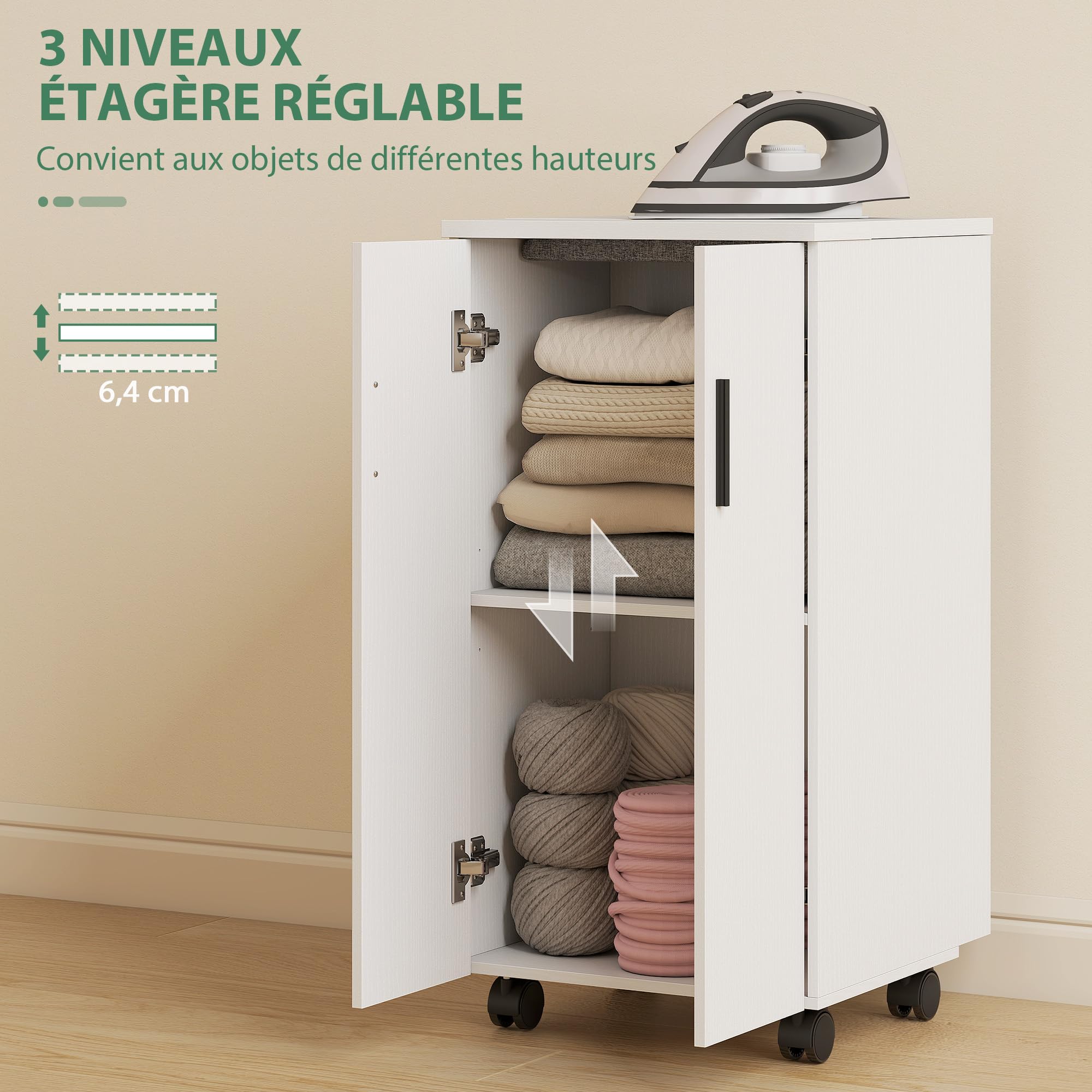 HOMCOM Meuble à Repasser 2 en 1, Table à Repasser Pliante sur roulettes avec étagère réglable et charnières à Fermeture Douce, Meuble Rangement pour Petits espaces, buanderie, 128 x 43 x 83 cm, Blanc