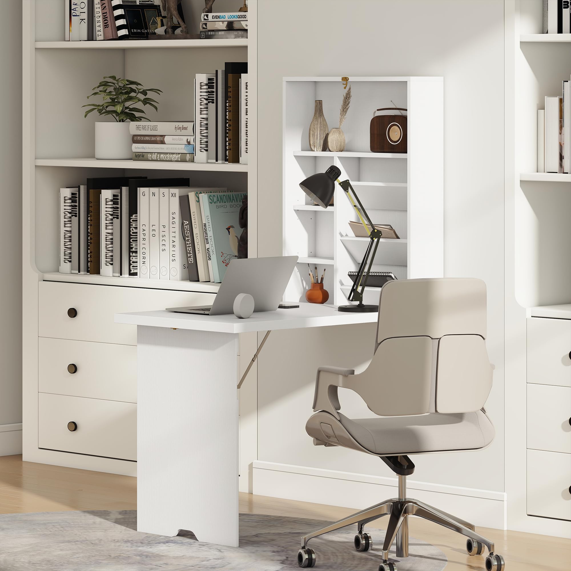 HOMCOM Bureau Pliable Mural avec étagères de Rangement, Bureau Rabattable, Table Murale Pliante, Gain de Place idéal pour Salon, Salle à Manger, Petit Espace, Blanc