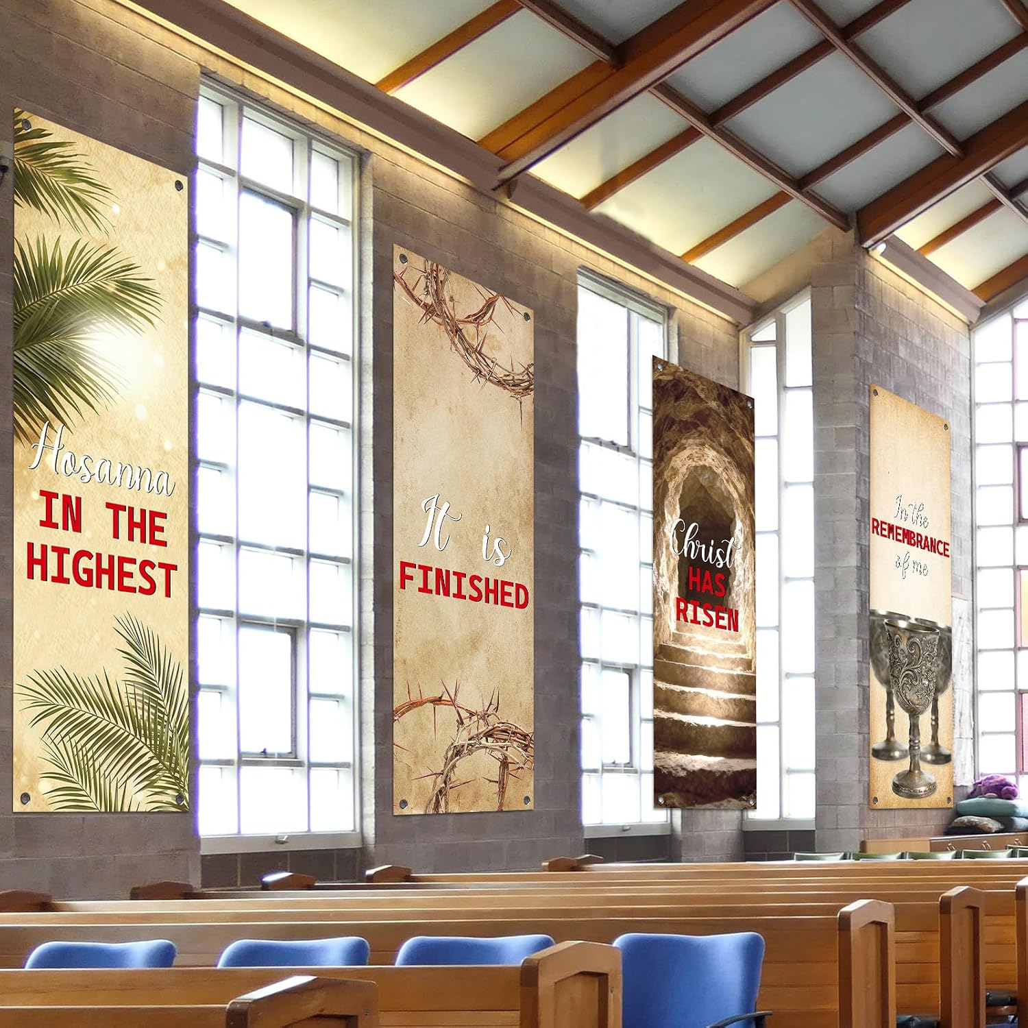 4Pcs Easter Church Banners for Sanctuary Wall Religious Banners Hanging Backdrop Praise Hanging Sign with Scripture Bible Verses Banner Easter Banner for Church School Decor(Retro Vintage)