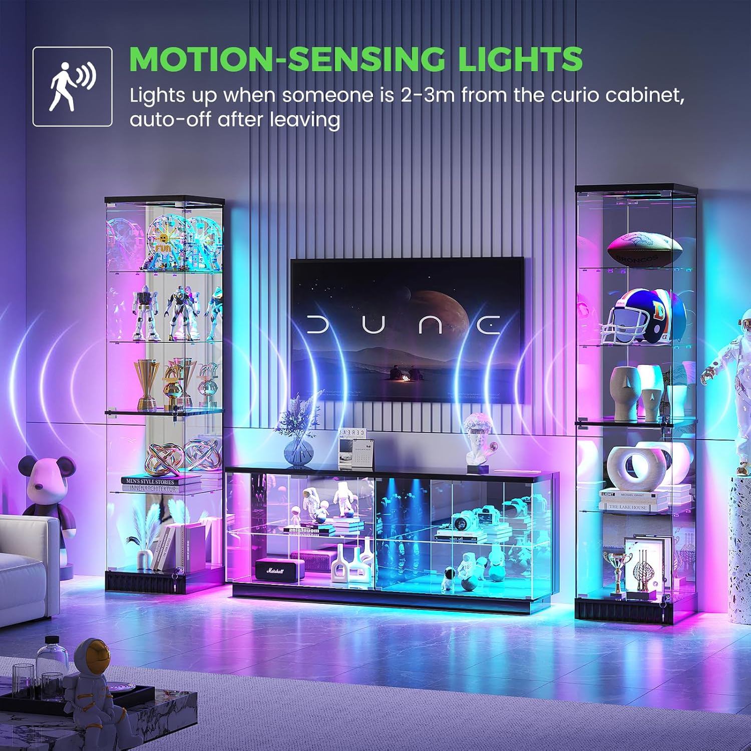 HNEBC LED TV Stand with Charging Station, 71" Glass Display Cabinet TV Console with RGB Lights, 2 AC Outlets & USB-C Ports, Modern Entertainment Center with Doors for Living Room,Bedroom- (Black)