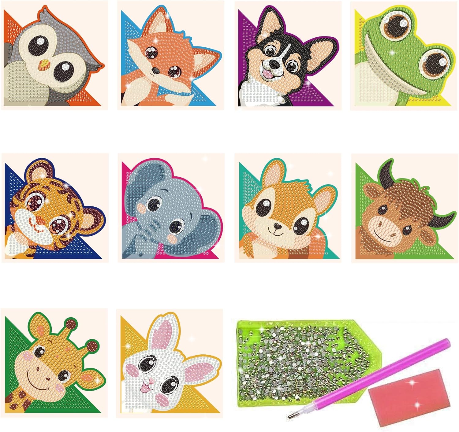 10Pcs Animal 5D Diamond Art Bookmarks Owl Fox Dog Diamond DIY Painting Corner Bookmarks Frog Cow Rhinestones Beaded Crystal Bookmark Kits for Book Lovers Beginner Adult Crafts