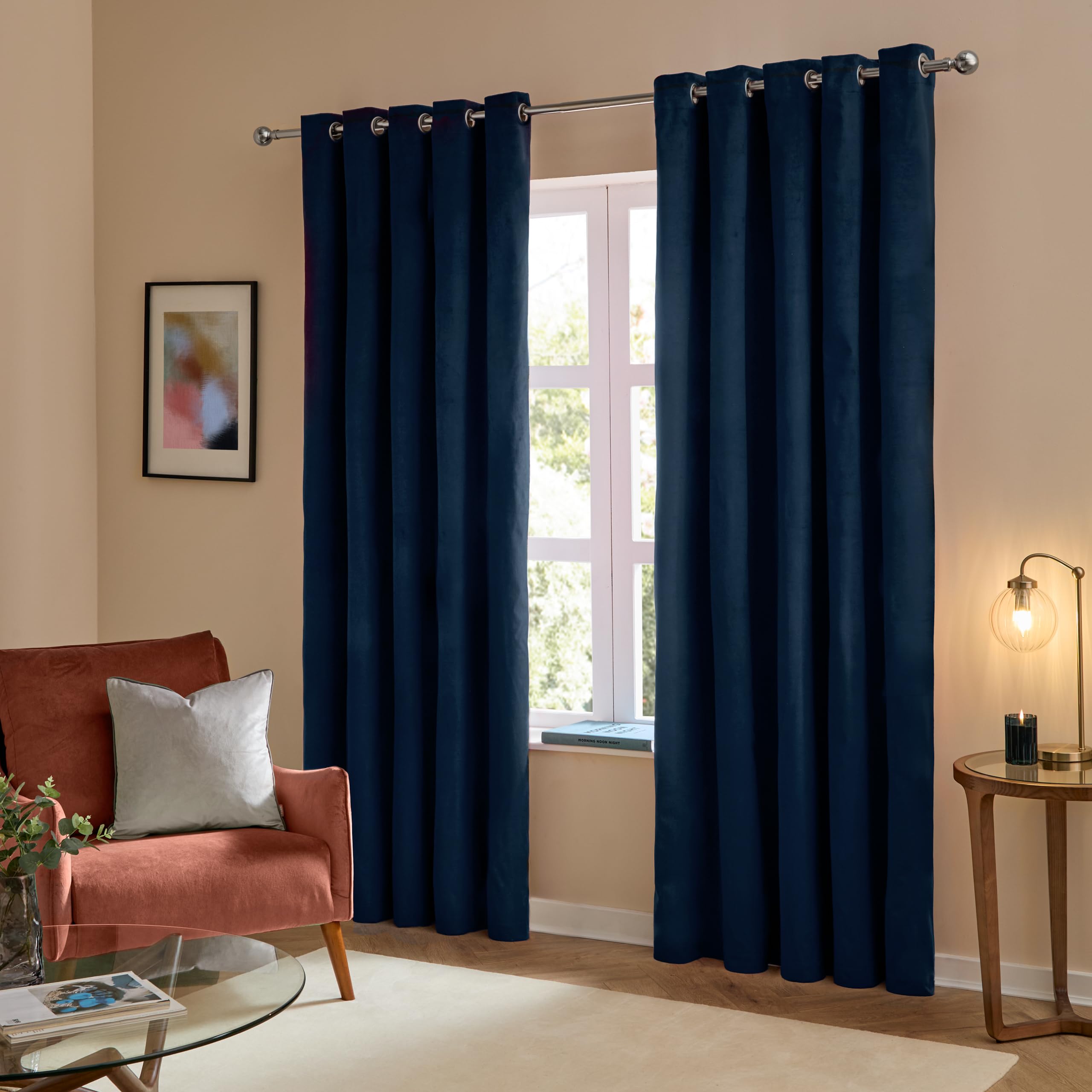 Furn The Ultimate Velvet Room Darkening Eyelet Curtain Pair in Blue | Size: 117cm width x 137cm drop