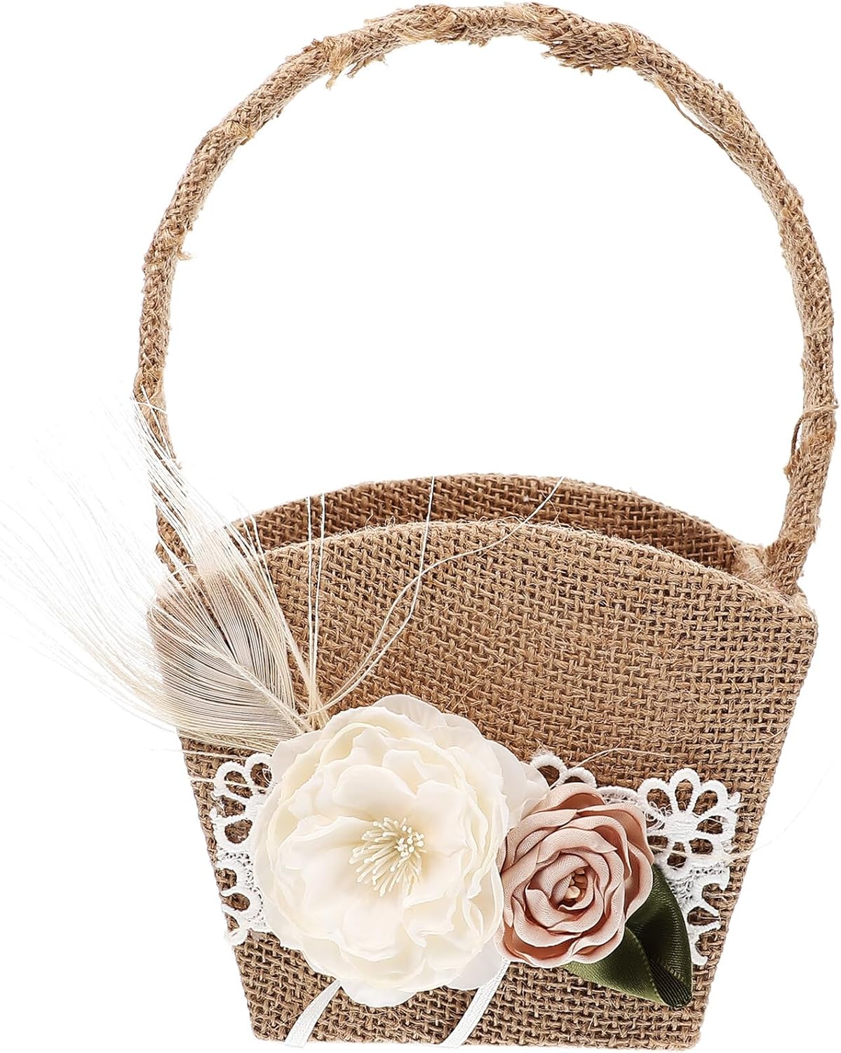 Garneck Wedding Flower Girl Basket Rustic Linen with Feather Bow Decorative Basket for Wedding Ceremony Flower Petal Holder Event Supplies