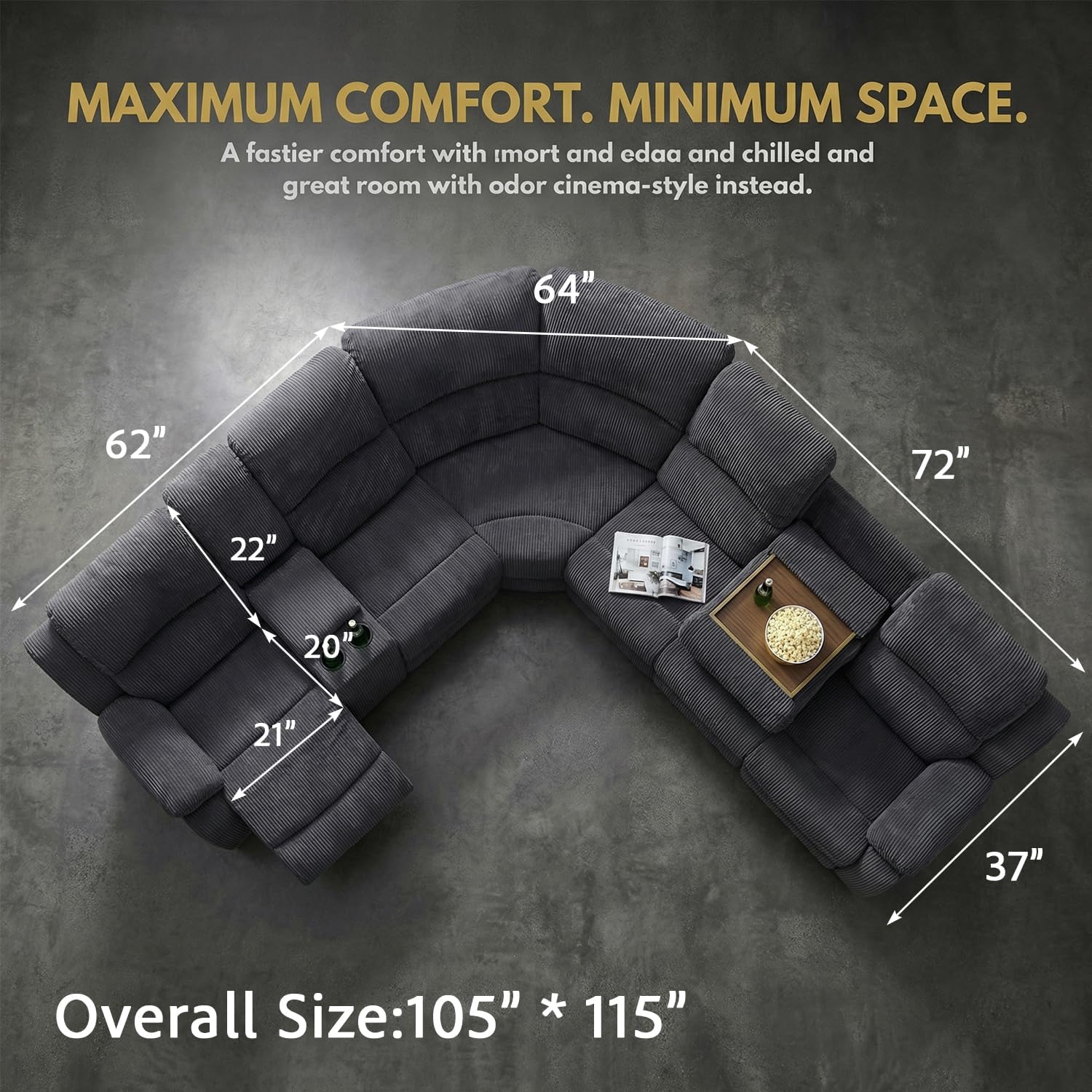 Recliner Sectional Sofa for Living Room Furniture Sets,L Shaped Corduroy Manual Reclining Corner Couch with Storage Console/Convertible Backrest Coffee Table/Cup Holders(Grey,Sectional)