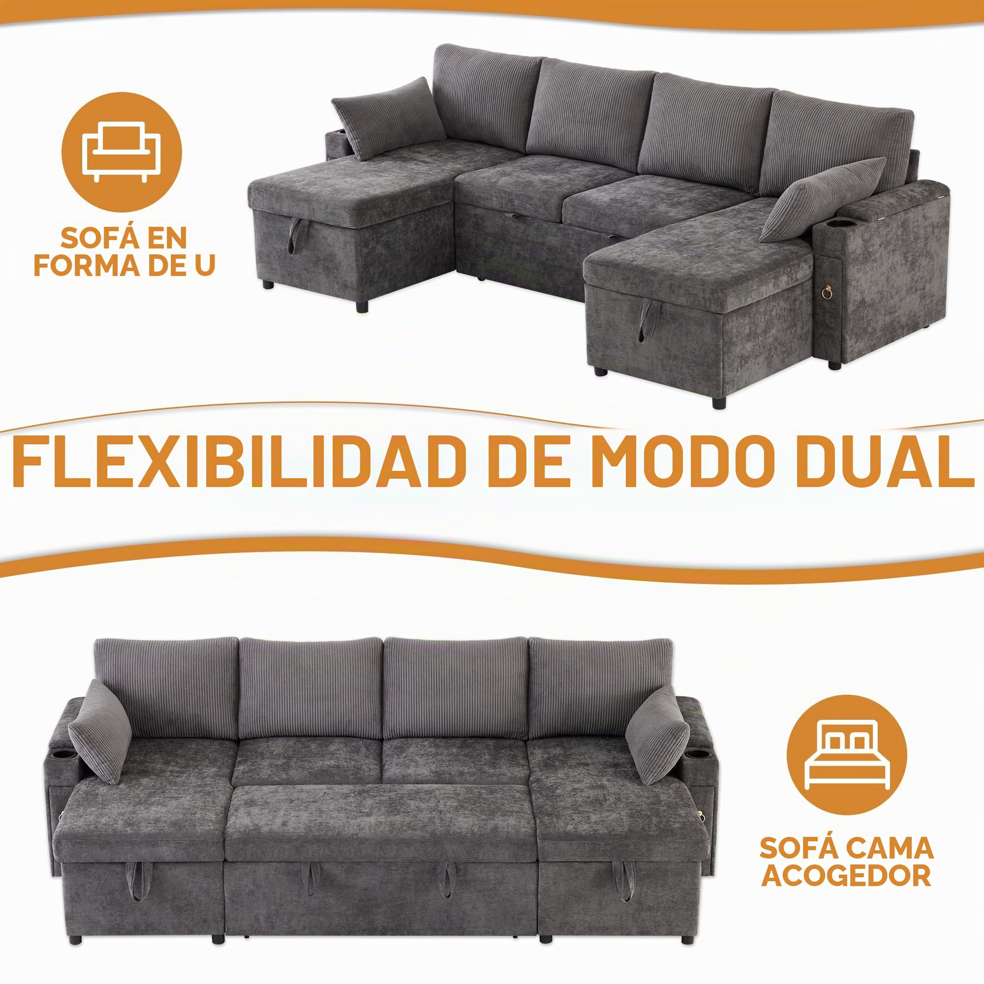 Kebnor Sofá cama de cuatro plazas en forma de U con soporte para bebidas, sofá de esquina con espacio de almacenamiento y función de descanso. Incluye soporte para bebidas y almohadas. Sofá