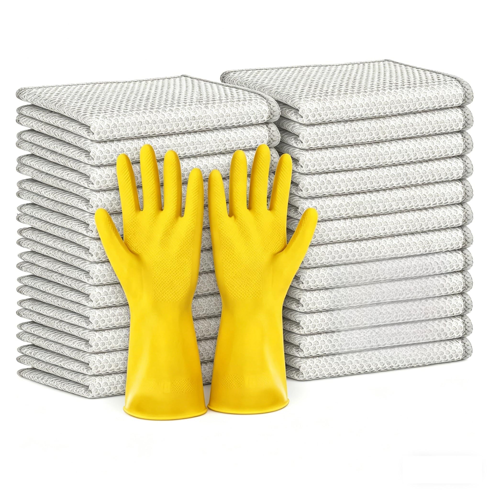 Lynrow Silvery 20 Pack Solara Lux Scrub Cloths - Non Scratch Wire Dishcloths, Reusable Metal Scourer Rags For Kitchen Cleaning, Sinks, Dishes, Stoves (7.87In*7.87In)+2Pack Rubber Gloves