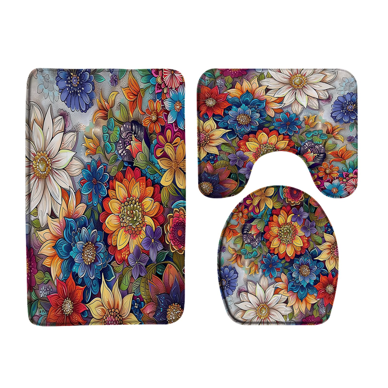 AYDSMYD 3 Piece Boho Floral Bath Mat Colorful Watercolor Flower Vintage Botanical Wildflower Morden Abstract Bathroom Bathtub Floor Rugs Absorbent Doormat Toilet Decor