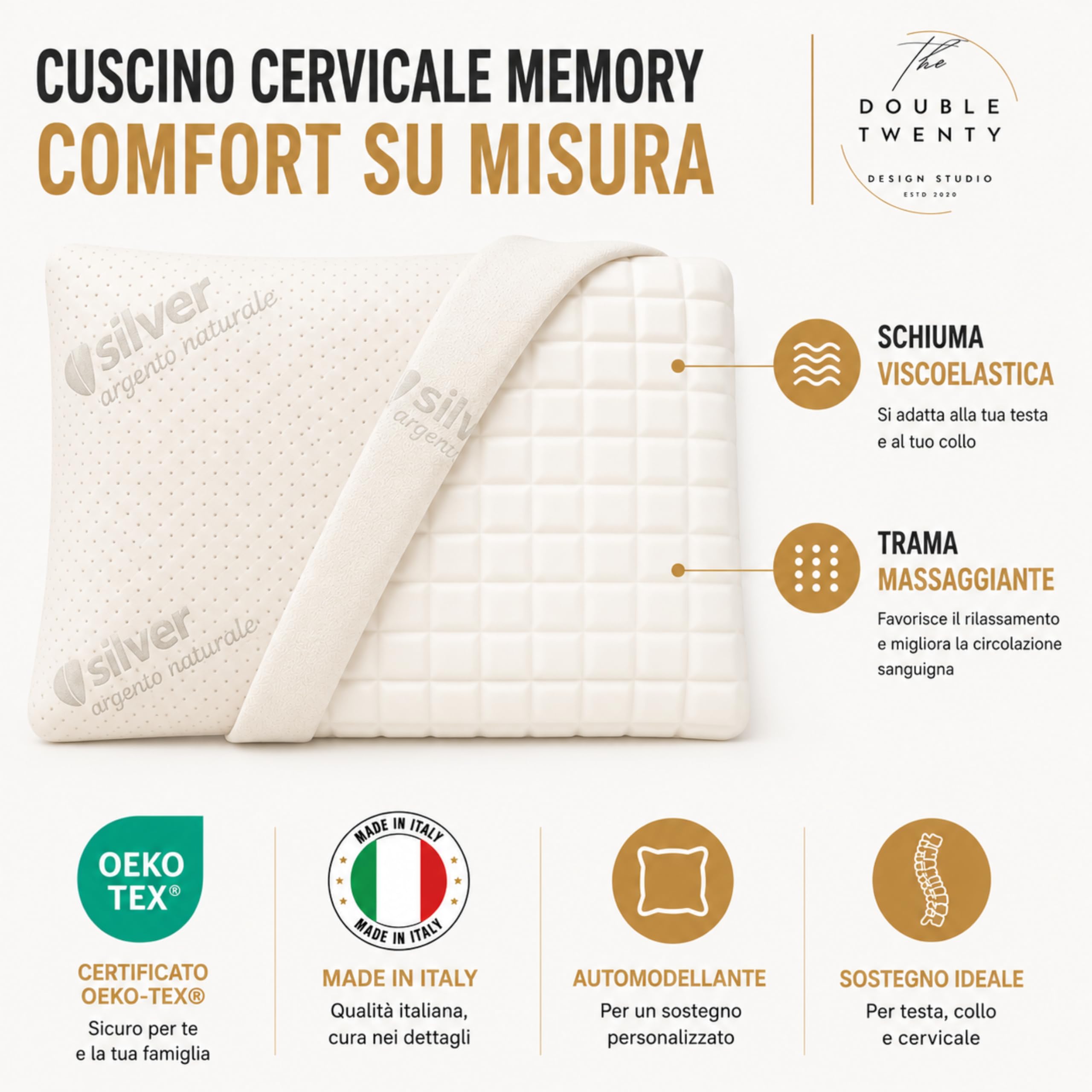 The Double Twenty Cuscino Antirussamento in Memory Foam | Alto 18cm | Antireflusso | Ergonomico e Traspirante | Supporto Ottimale per Collo e Cervicale | Fodera Ipoallergenica in Argento Naturale |