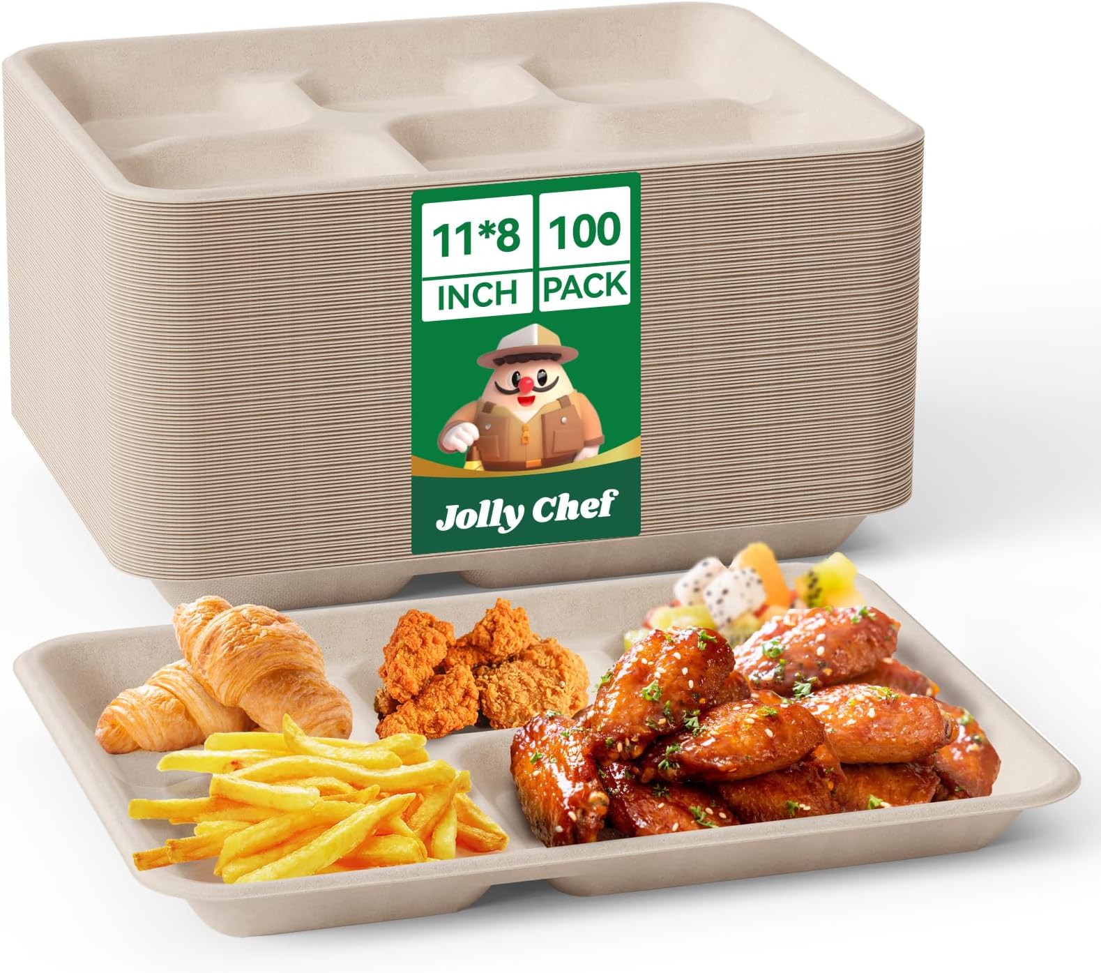 JOLLY CHEF Compostable 𝟱 Compartment 𝟭𝟭 * 𝟴 𝗶𝗻𝗰𝗵 Paper Plates [𝟭𝟬𝟬 𝗣𝗮𝗰𝗸] Heavy Duty Small Natural Divided Eco-Friendly Biodegradable Food Trays for Party Lunch Dinner Christmas