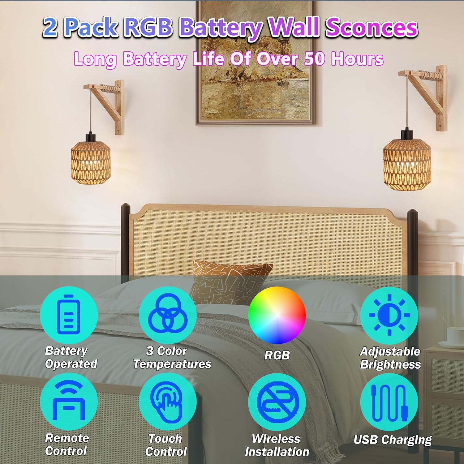 Battery Operated Wall Sconce Set Of 2,Wireless Rechargeable Wall Lights With 50 Hours Long Battery Life RGB Color-Changing Light Bulbs,Farmhouse Woven Rattan Wall Sconce Ideal For Boho Lighting