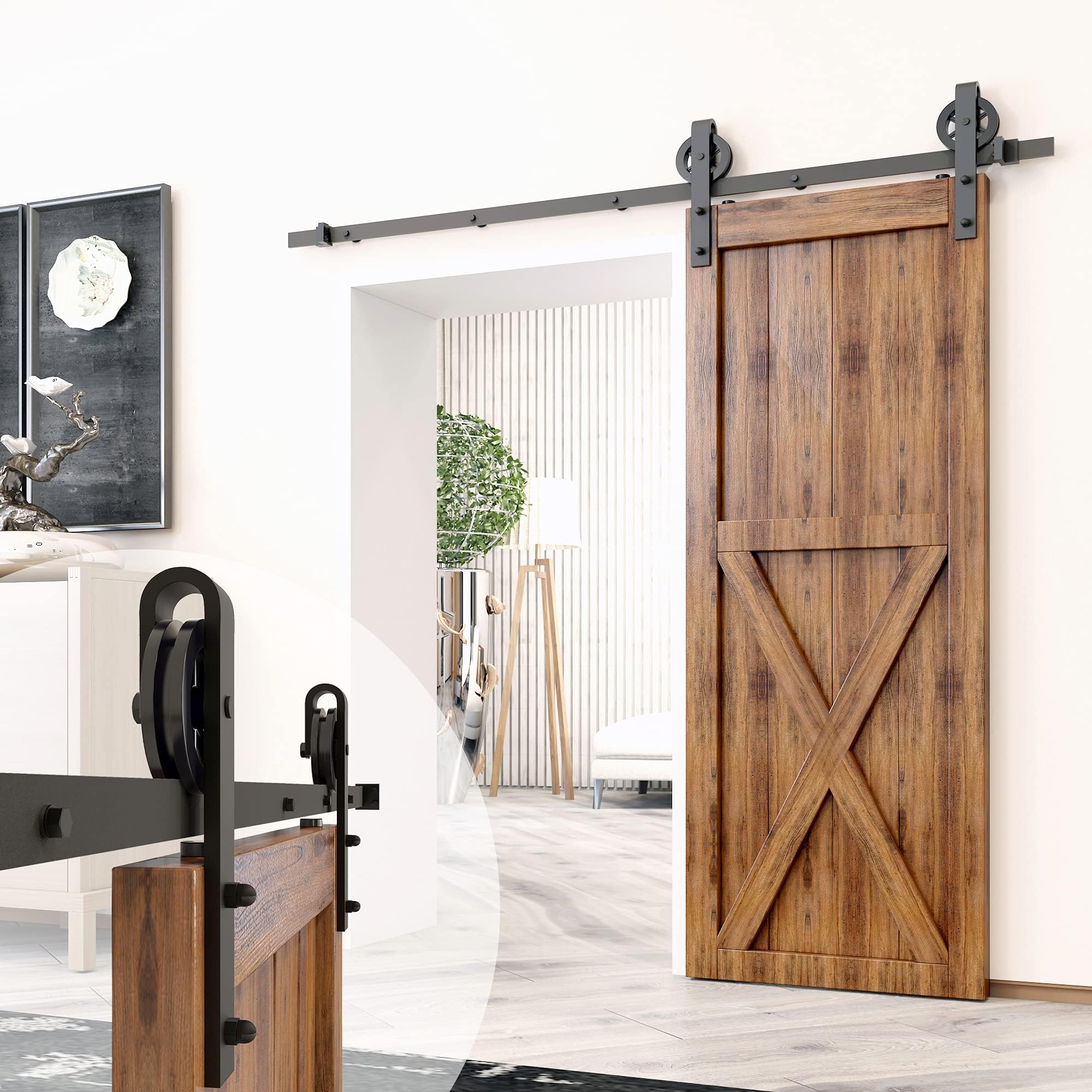 Black Rustic Non-Bypass Sliding Barn Door Hardware Kit, for One/Single Door, 6.6ft Long Flat Track, Spoke Wheel Design Roller, Heavy Duty, for Interior & Exterior Use