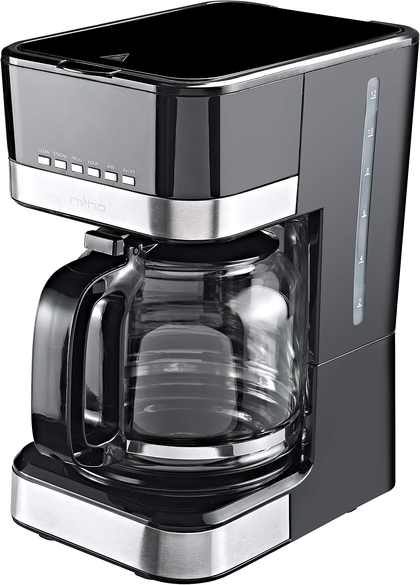 Miho CM-127E 12 Cups Programmable Drip Coffee Maker with Digital Display, Space Saver Machine, Keep Warm, Includes Reusable Filter Basket and Spoon, Black