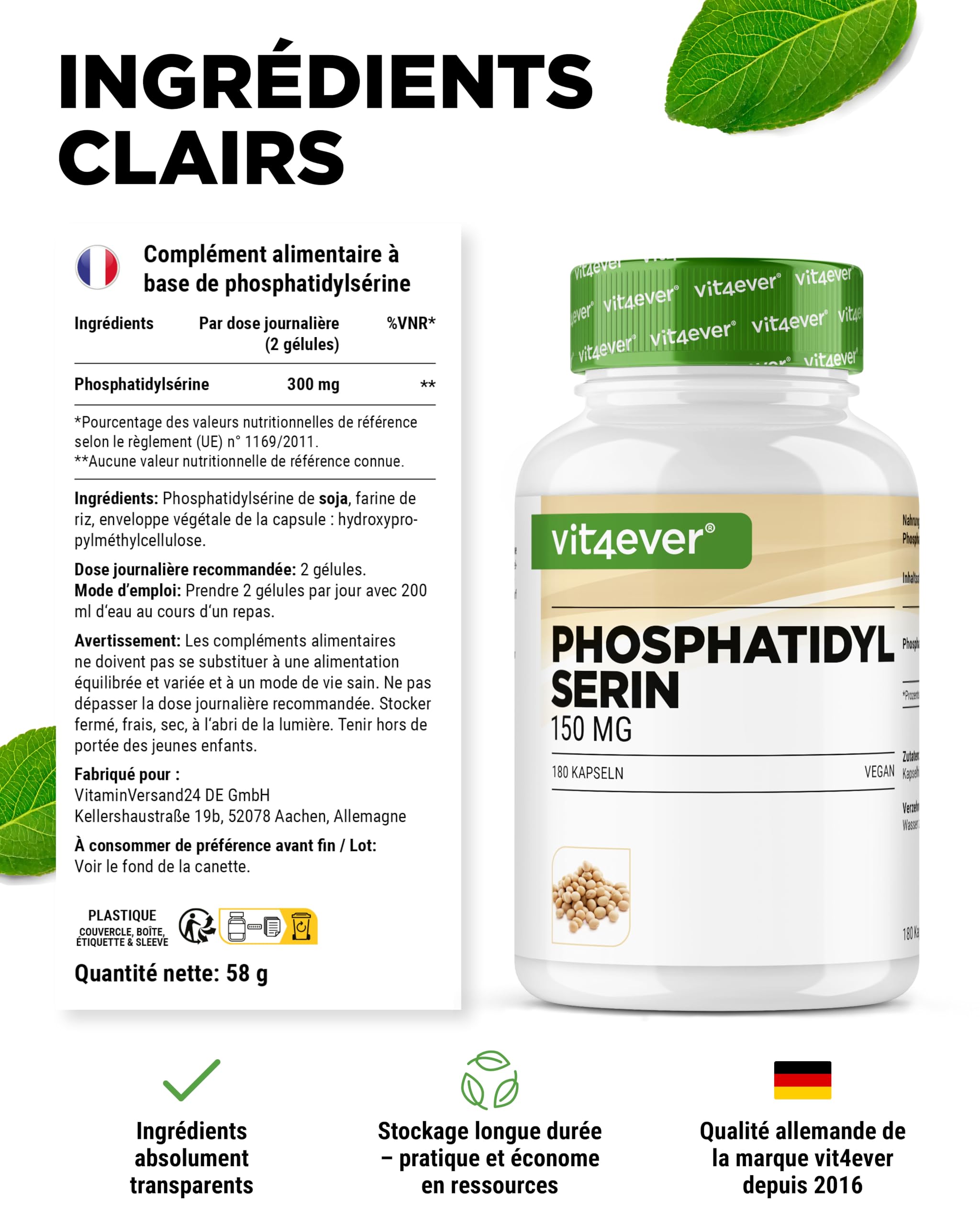 vit4ever Phosphatidylsérine Gélules - 300 mg par Dose Journalière - 180 Gélules - Hautement Dosé - Phospholipide PS - Vegan - Sans Additifs Inutiles
