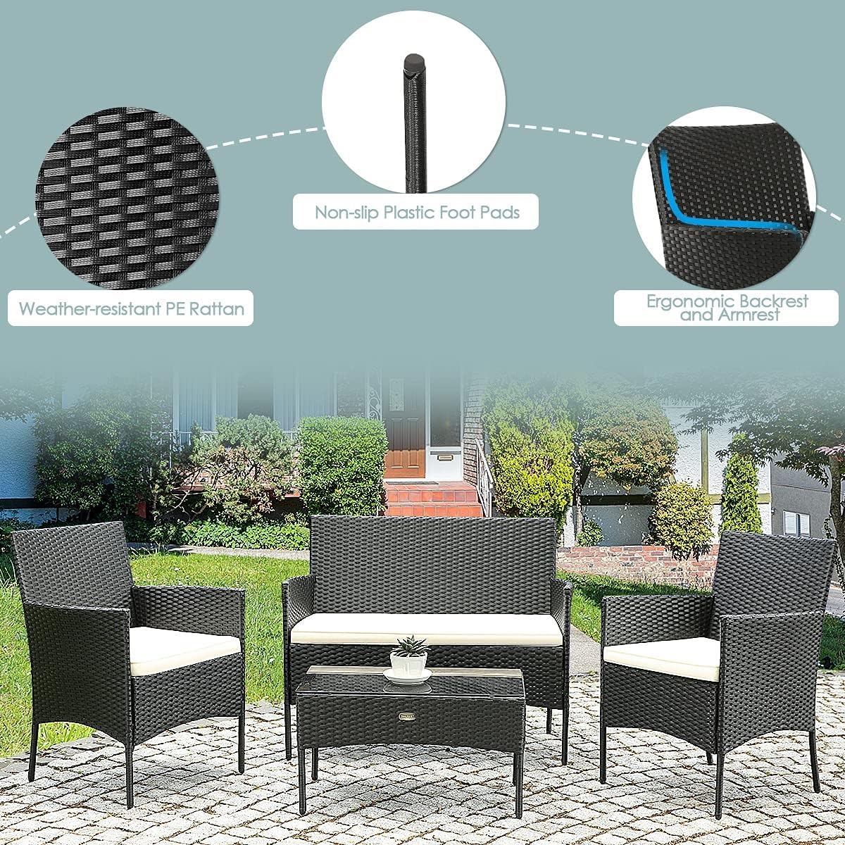 8 Pieces Patio Furniture Set with Ergonomic Curved Backrest Outdoor Conversation Sets with Water-Resistant Cushion Tempered Glass Table for Backyard Porch Balcony(Blue)