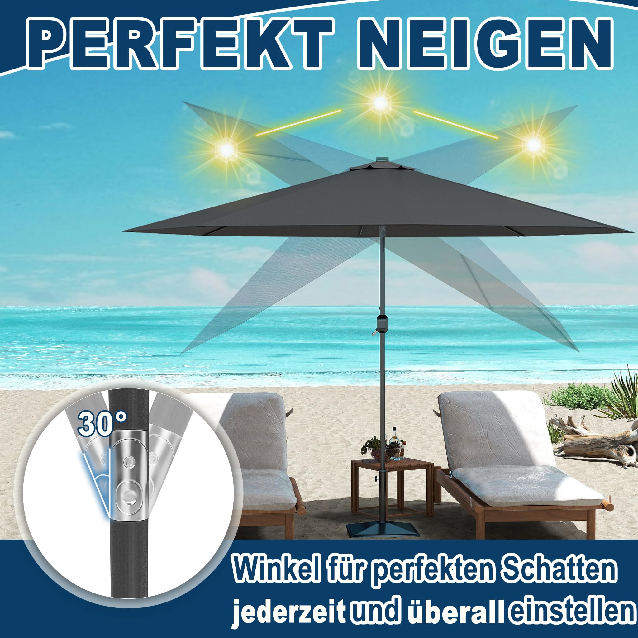 YRHome 300 cm/350 cm parasol przeciwsłoneczny, aluminiowy, bez/z funkcją nachylenia, ochrona UV 40+, ciemnoszary, parasol ogrodowy, na balkon, do ogrodu, na taras, antracytowy, 3 miesięcy