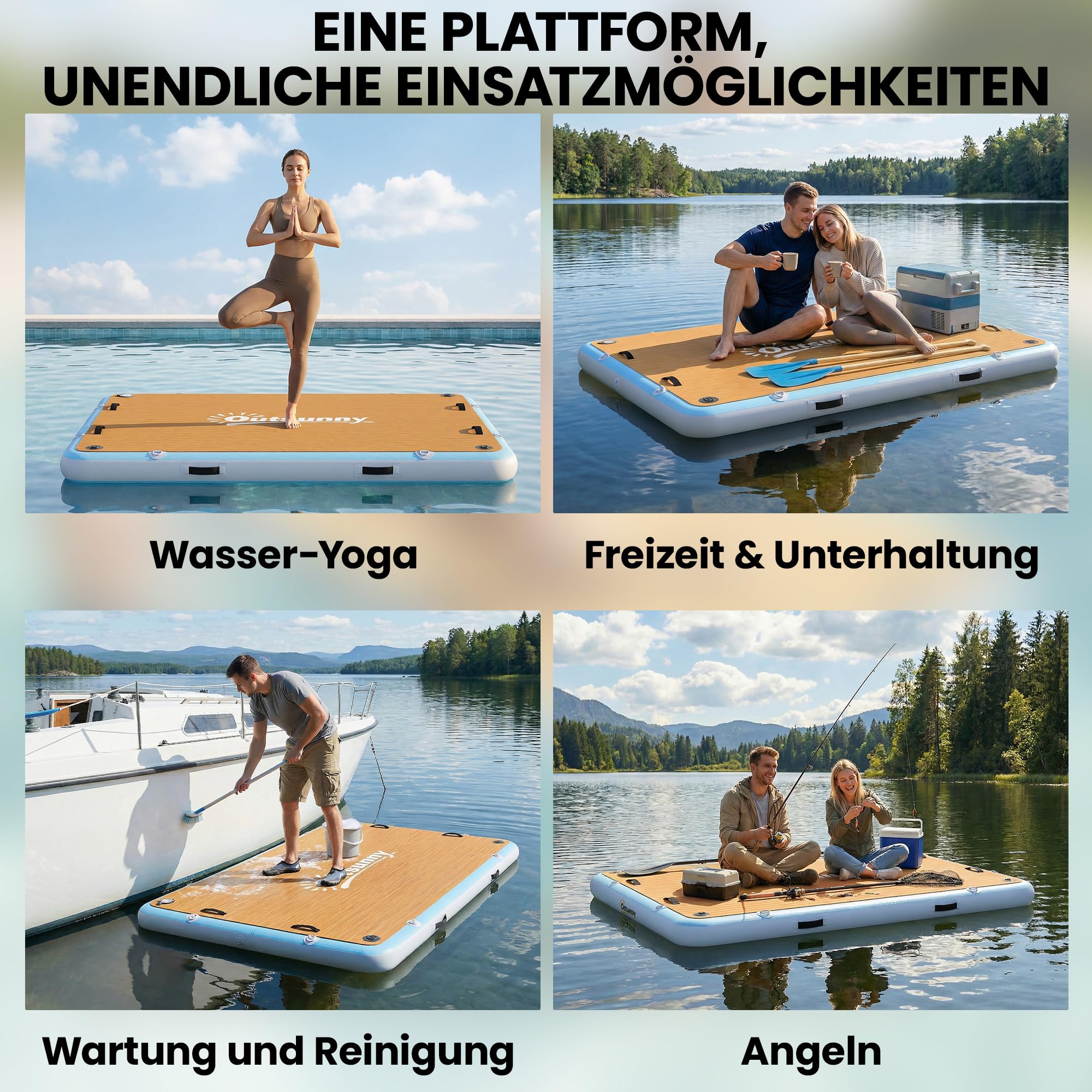 Outsunny Aufblasbares Dock Schwimmdock 2,4x1,8m Aufblasbar Schwimmende Plattform für 4-6 Personen mit rutschfest Oberfläche Abnehmbarer Leiter Luftpumpe Tragetasche Wasser Dockplattform für See Pool