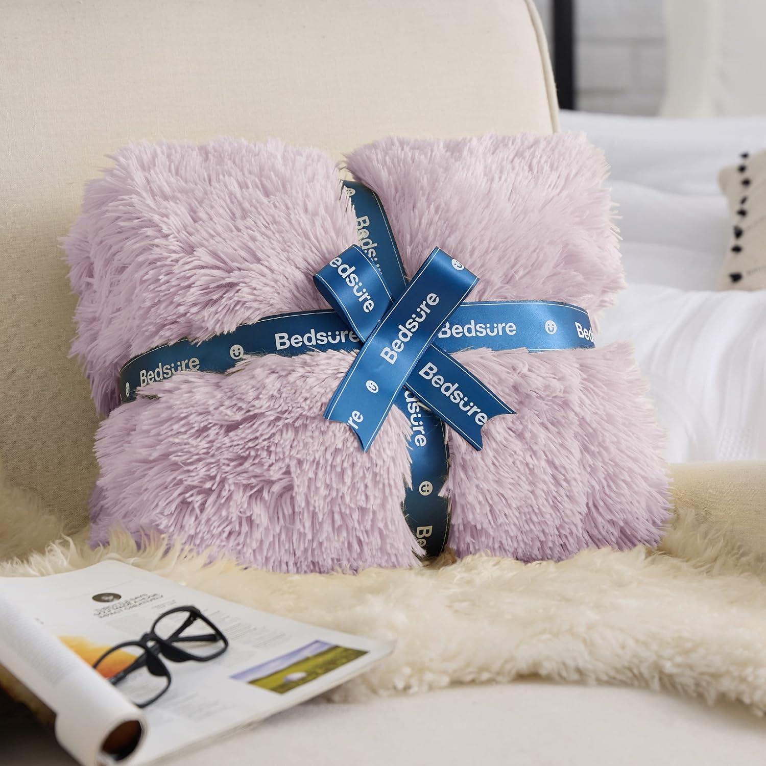 Bedsure GentleSoft Fluffy Lavender Purple Blankets Queen Size for Bed, Thick Sherpa Faux Fur Fleece Fuzzy Plush Winter Warm Soft Queen Blankets, Bedroom Purple Decor Cozy Gifts for Women Men, 90x90 - Image 5