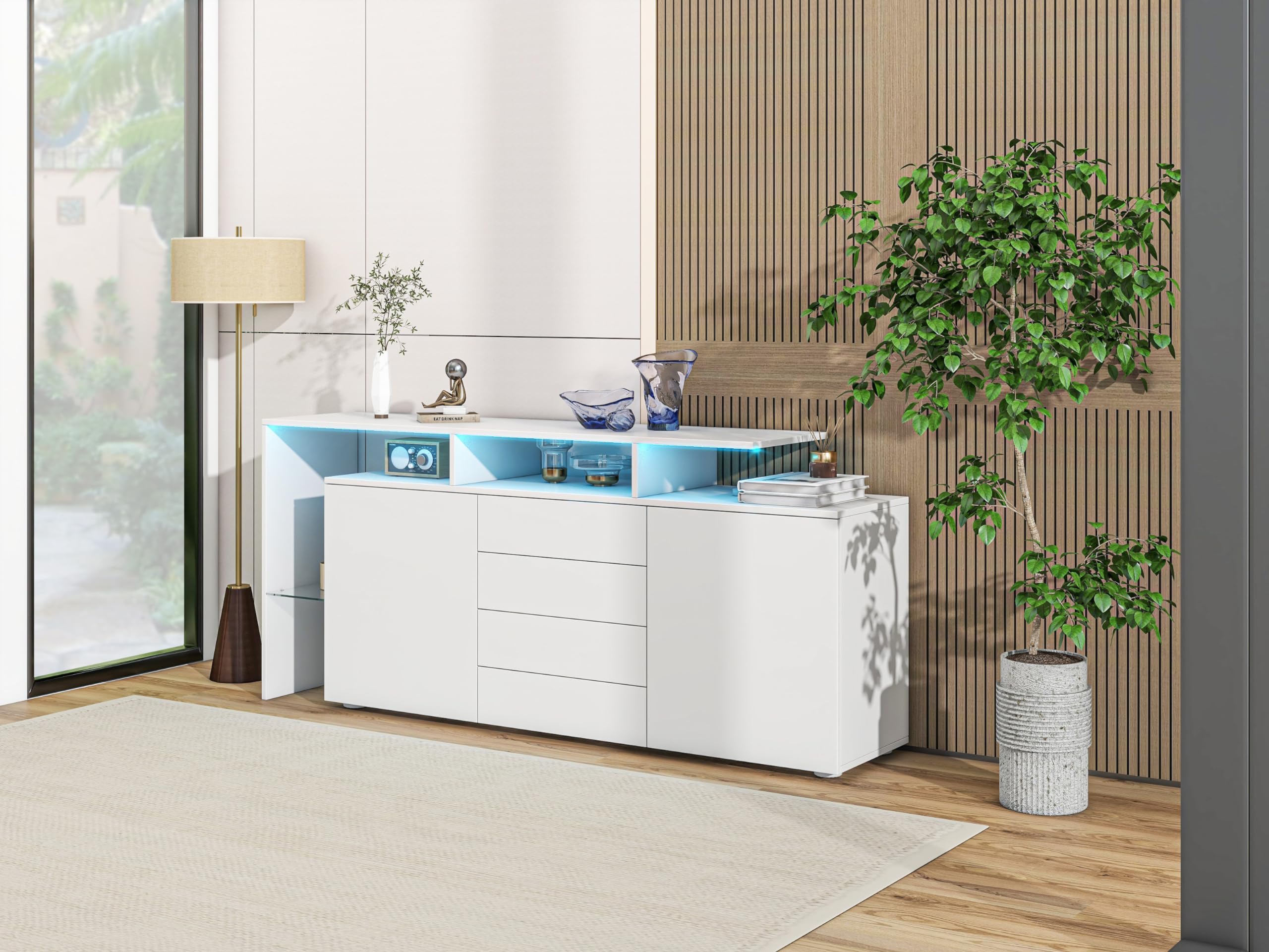 BTM Kommode, Sideboard mit LED, Wohnzimmermöbel in Weiß Hochglanz, Wohnzimmerschrank, Standschrank, TV-Schrank, Wohnzimmerwand, Highboard, Mehrzweckschrank, Buffetschrank Esszimmer