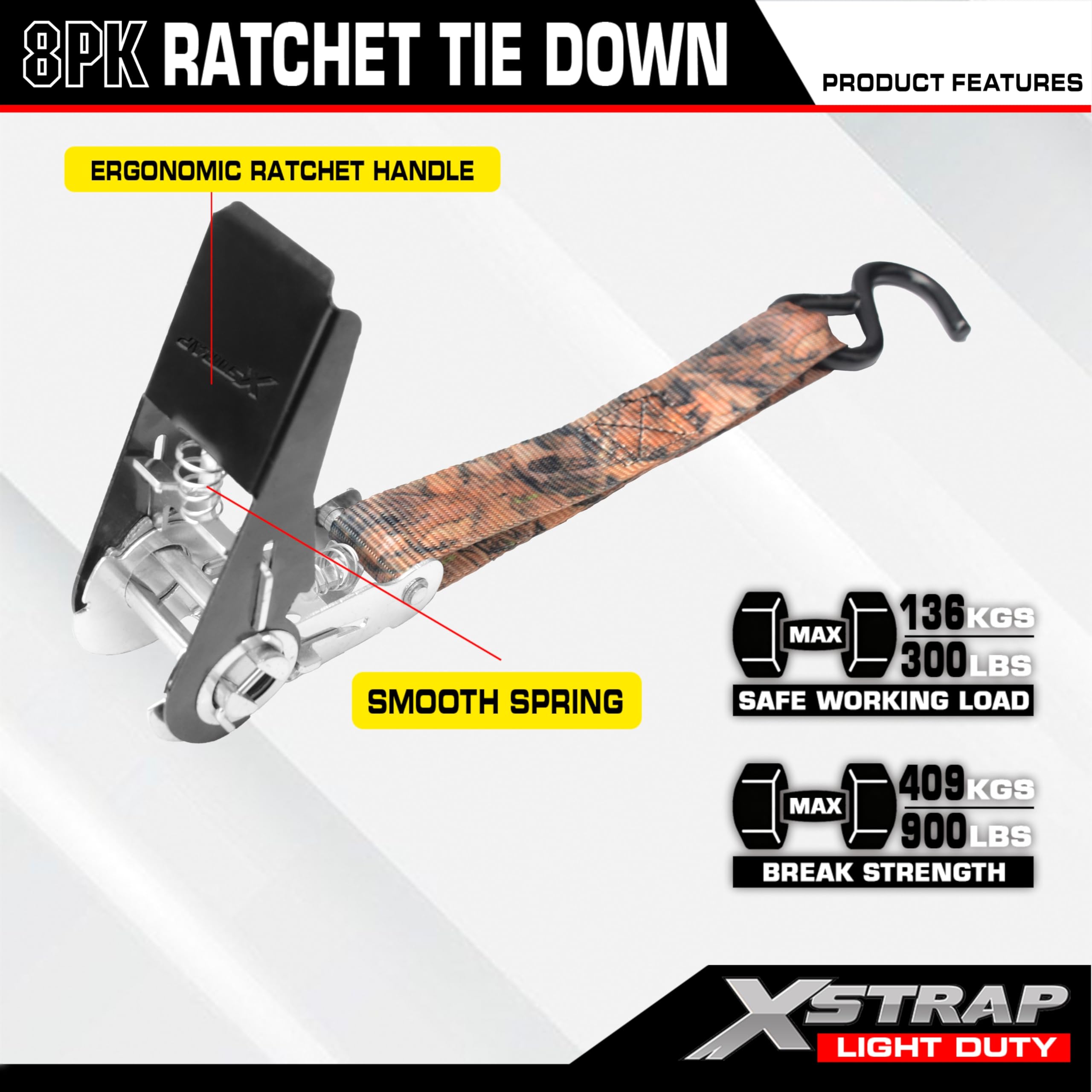XSTRAP Correas de amarre de trinquete – 8 unidades – 1 x 10 pies – 408 kg – Correas de carga de resistencia a la rotura para aparatos móviles, equipo de césped, motocicleta (camuflaje2)