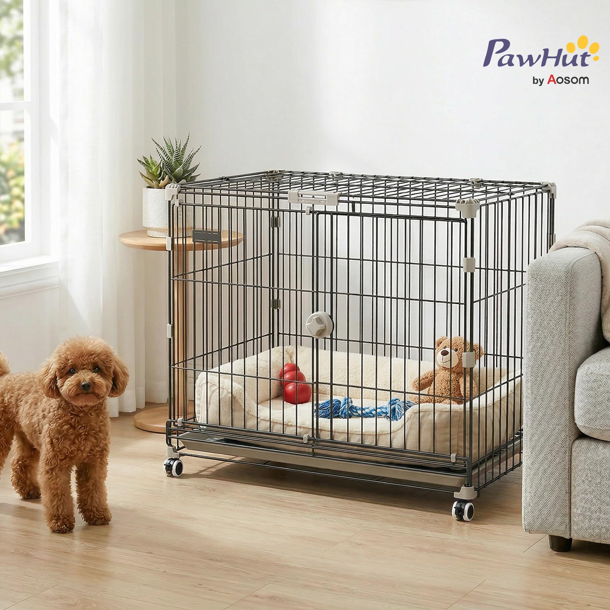 PawHut Cage pour Chien, Plateau Amovible, Roues avec Freins, Toit Ouvrant Verrouillable, Niche Chien Interieur pour Petits et Moyens Chiens, 75,5x46x64,5cm, Noir