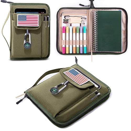 Handbook Book Cover Compatible with BoyScoouts Handbook with Amercan Flag Patch and Compass - Book Sleeve - Handbook Protector for Boys Girls - Army Green - S - Fit 6x8"