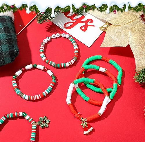 Miniatura 7 de 48 Pcs Christmas Bracelets Set Stackable Heishi Surfer Bracelet Beaded Christmas Bracelets Bulk Women's Preppy Polymer Clay Stretch Bracelet for