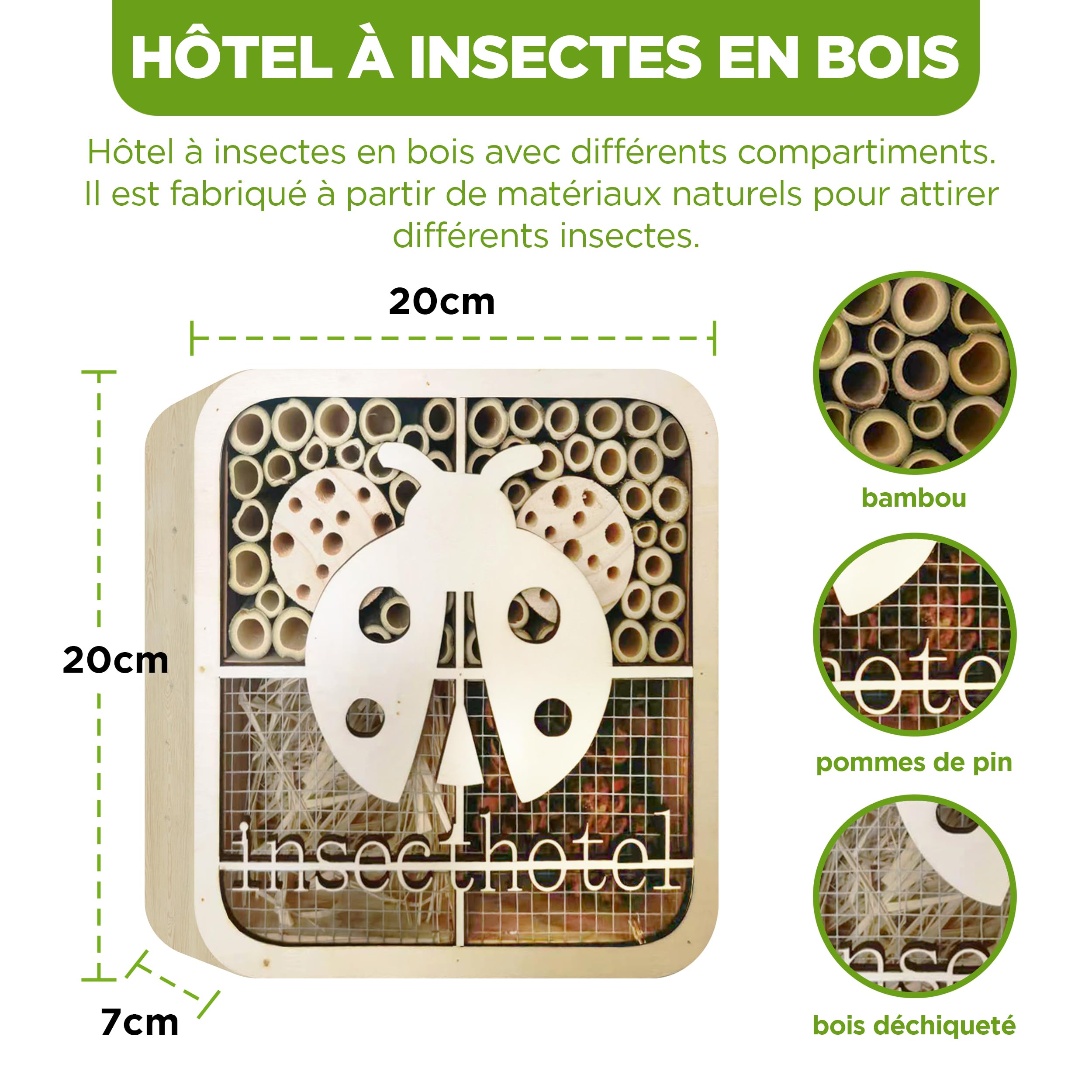 ISOTRONIC Hotel para Insectos de Madera Natural – Casa para Abejas, Mariquitas y Otros Insectos – Hotel de bambú para Abejas, Ideal para jardín y balcón – Diseño Moderno de Panal (Mariquita)