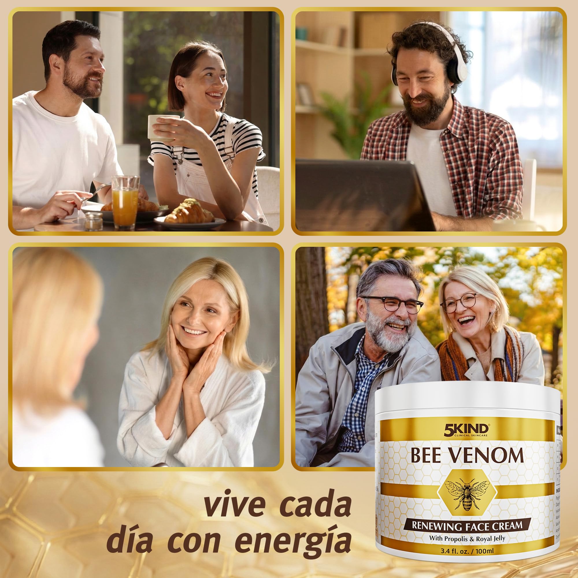 5Kind Crema Facial Renovadora con Veneno de Abeja, Propóleo y Jalea Real 100 ml - Crema Facial Antienvejecimiento con Veneno de Abeja - Crema Antiarrugas con Veneno de Abeja - Bee Venom Cream
