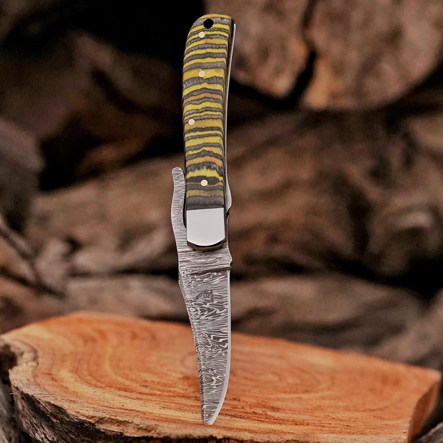 Handmade Damascus Steel Russlock Folding Knife with Yellow Striped Handle and Leather Sheath