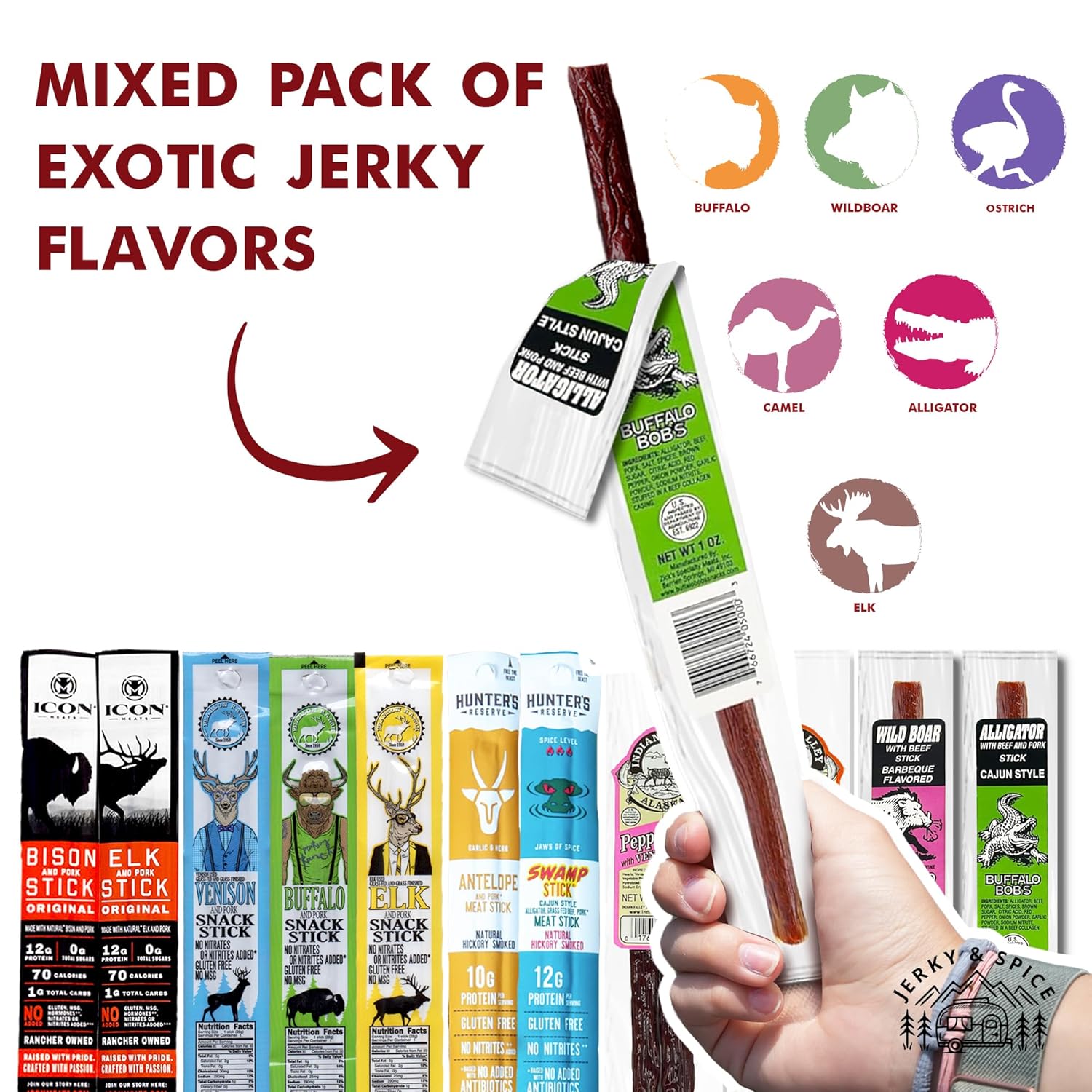 Jerky-n-Spice Exotic Beef Jerky Gift Box | Snacks Variety Pack for Adults | Exotic Meat Sticks Sampler | Jerky Gift Basket for Birthday & Any Occasions | Meat Bouquet Healthy Snack Box | 10 Pack