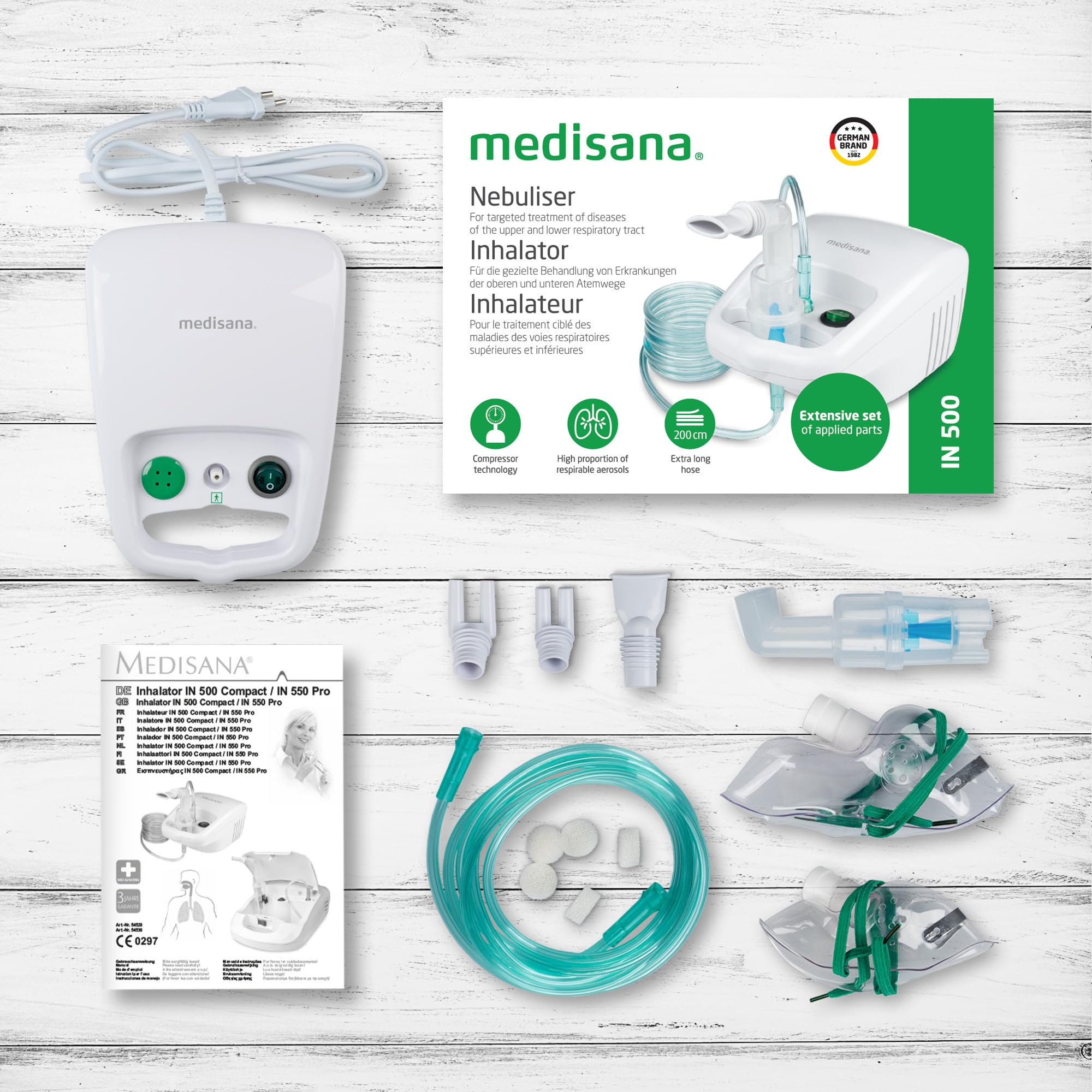 Medisana IN 500 inhalateur, nébuliseur à compresseur avec embout buccal et masque pour adultes et enfants, pour le rhume ou l'asthme avec accessoires supplémentaires et tube long