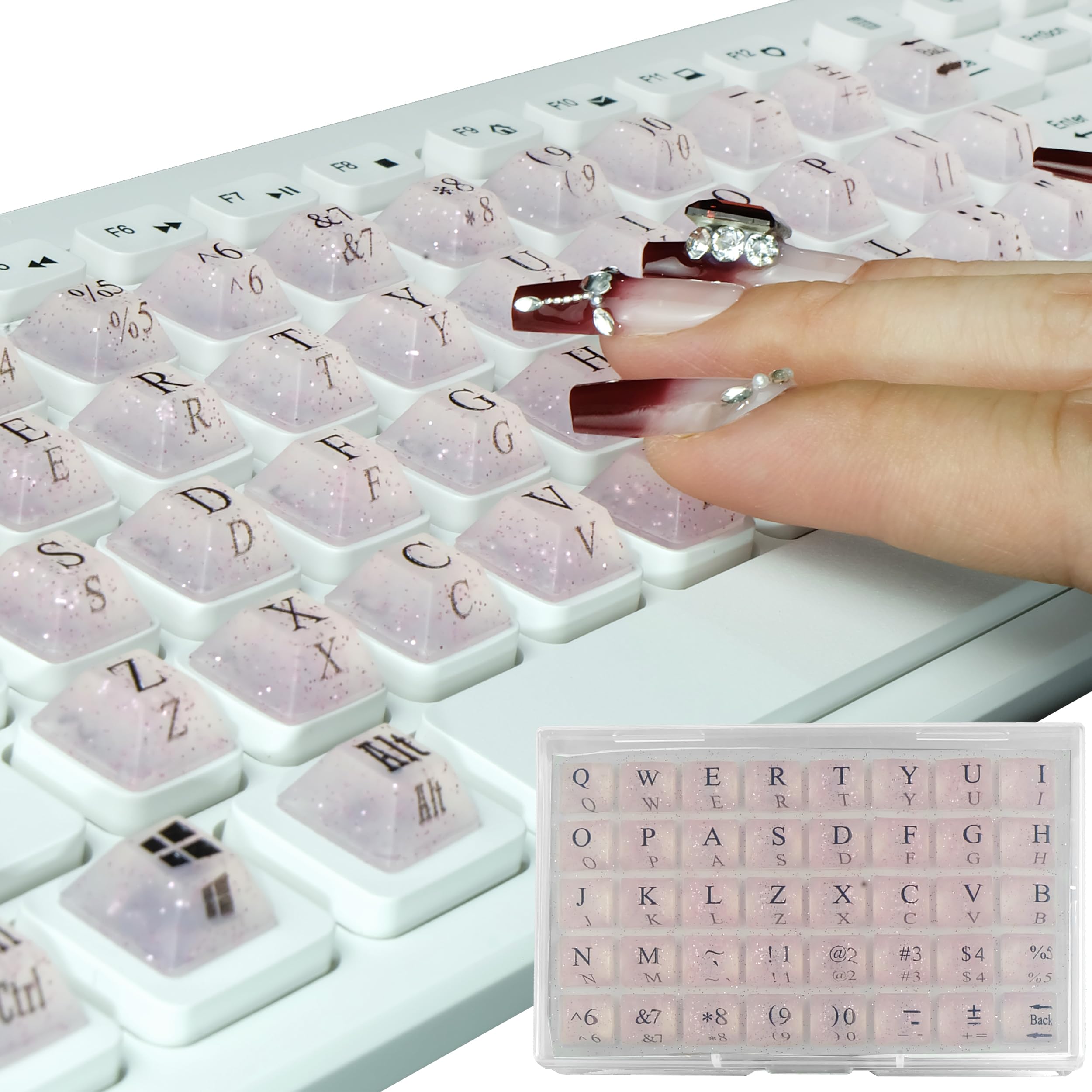 Ivaso 80 Pcs Keyboard Sticker for Long Nails Typing and Gaming, Symbolic and Alphanumeric Sticky Silicone Keys for Keyboards and Laptop (Sparkly Pink)