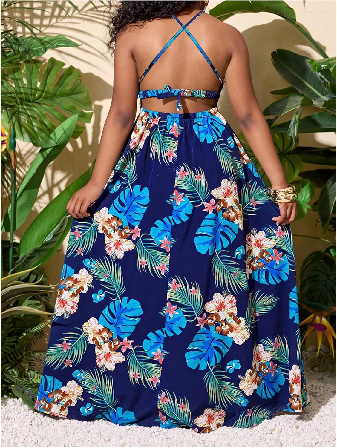 RoseSeek Girl's Floral Print Halter Maxi Dress Criss Cross Backless A Line Sundresses