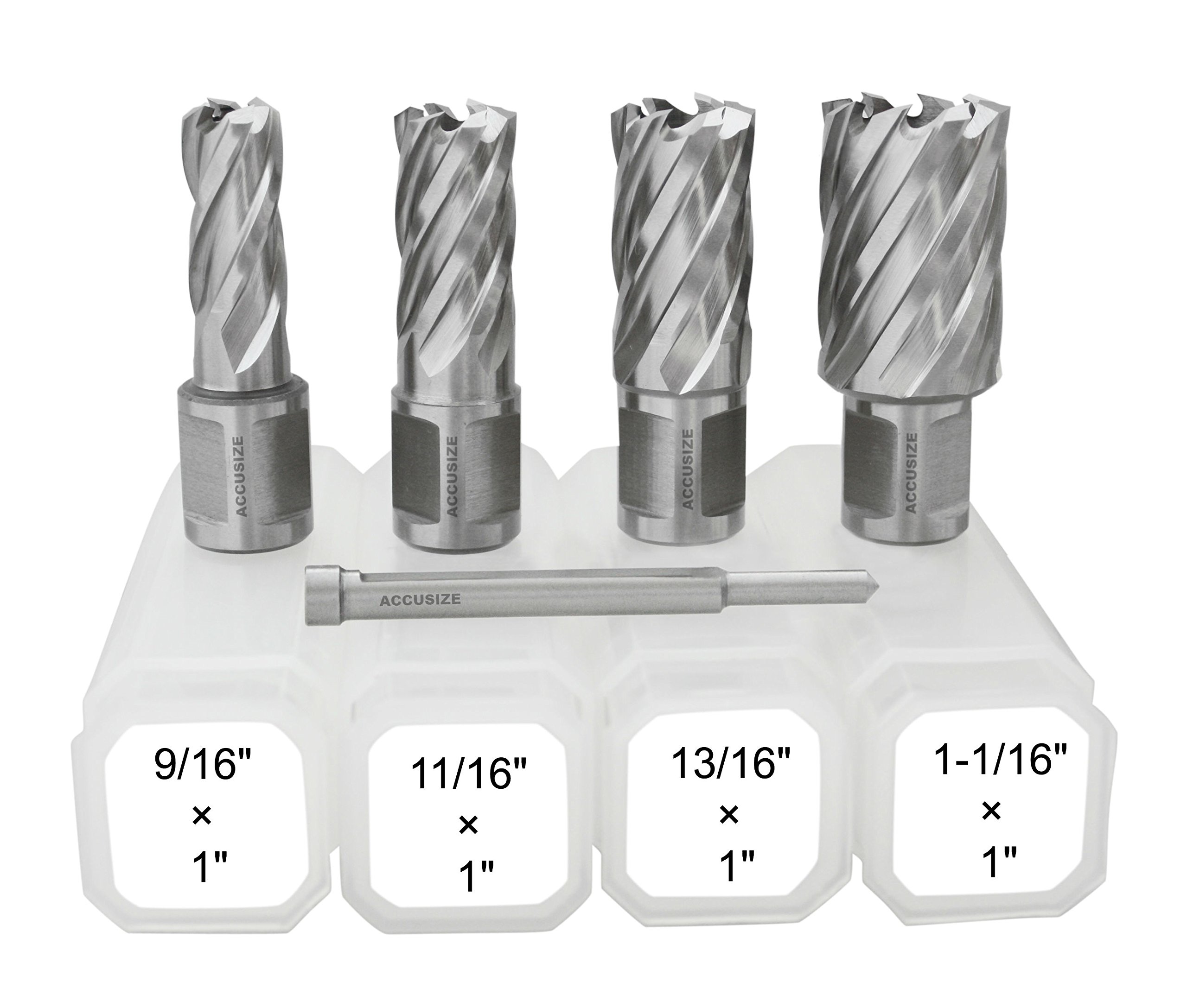 Accusize Industrial Tools 4 Pc 9/16'' - 1-1/16'' H.S.S. Annular Cutter Set, Cutting Depth: 1'', with 4 Pc of Pilot Pin, A01