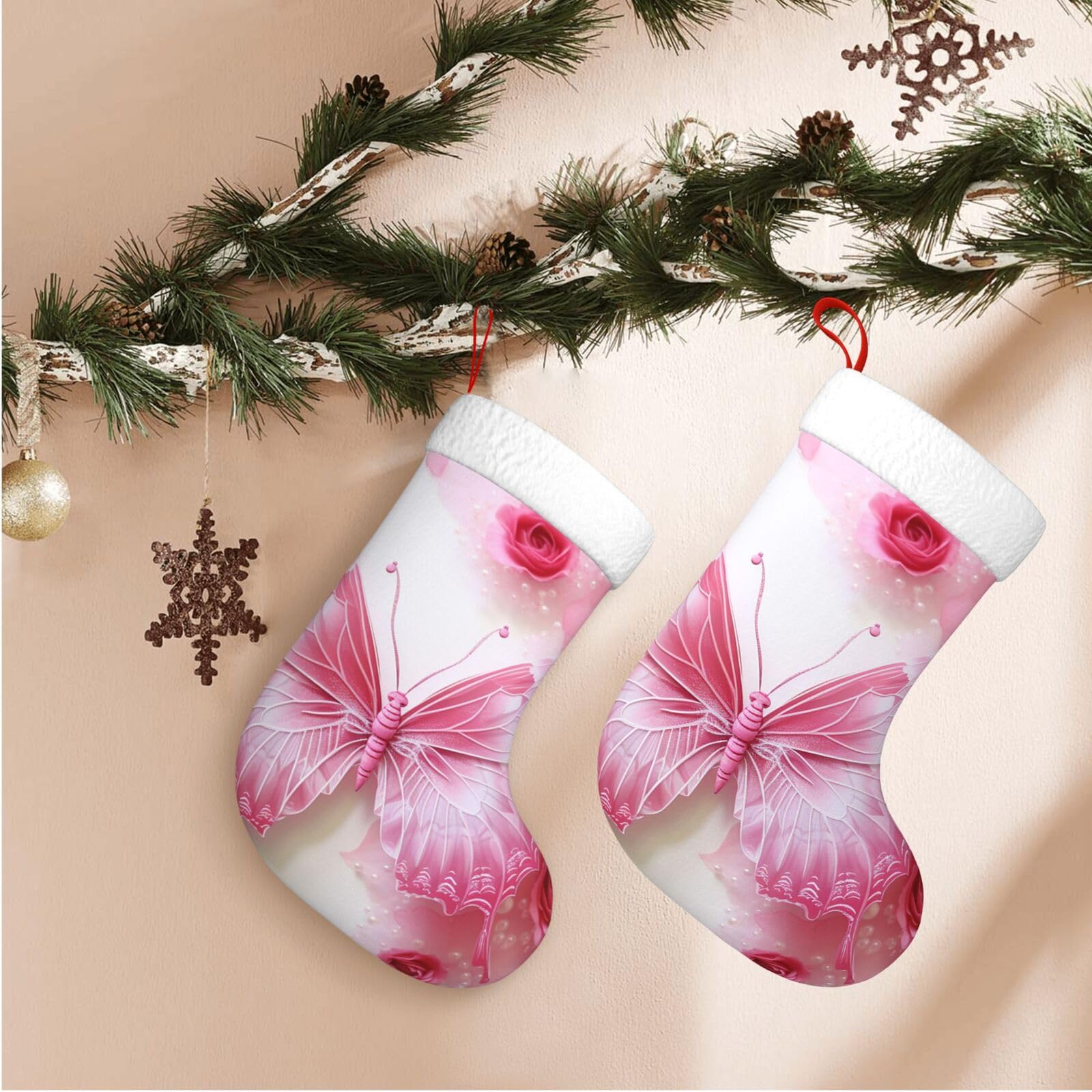 17.7" Christmas Stocking 1 Piece, Pink and White Butterfly Xmas Stockings with White Plush Cuff Fireplace Hanging Stocking for Christmas Holiday Party Decoration