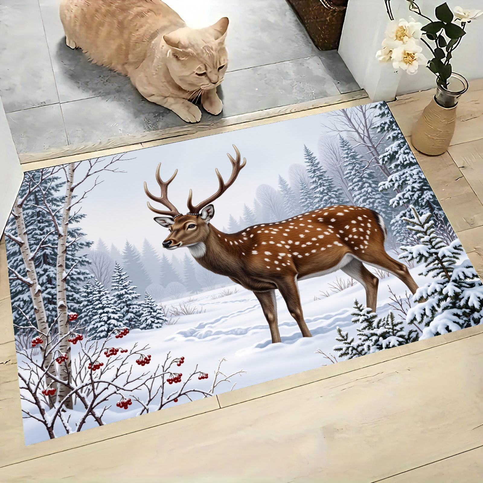 Fußmatte Innen Und Außen 80 X 120 cm,Männlicher Hirsch Winterwald rutschfeste Fußmatte Outdoor,Realistische Tierwelt Fussmatte Aussen Gummi,Schmutzfangmatte Waschbar, Braun