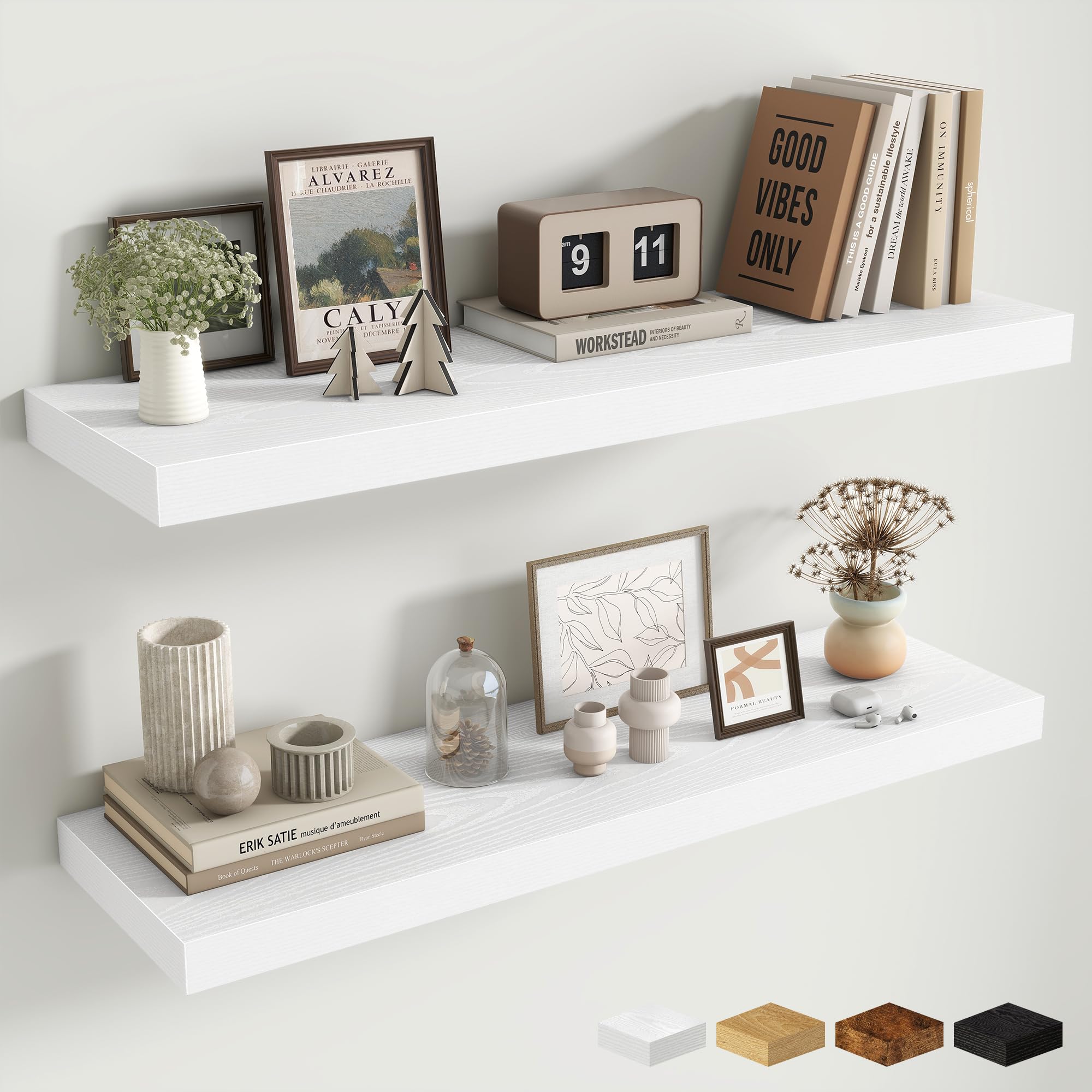 Fun Memories Floating Shelves Wall-Mounted, Deep Wall Shelves, Floating Shelf, Deep Storage Shelf for Living Room Bathroom Bedroom (90cm x 25cm， Modern White)