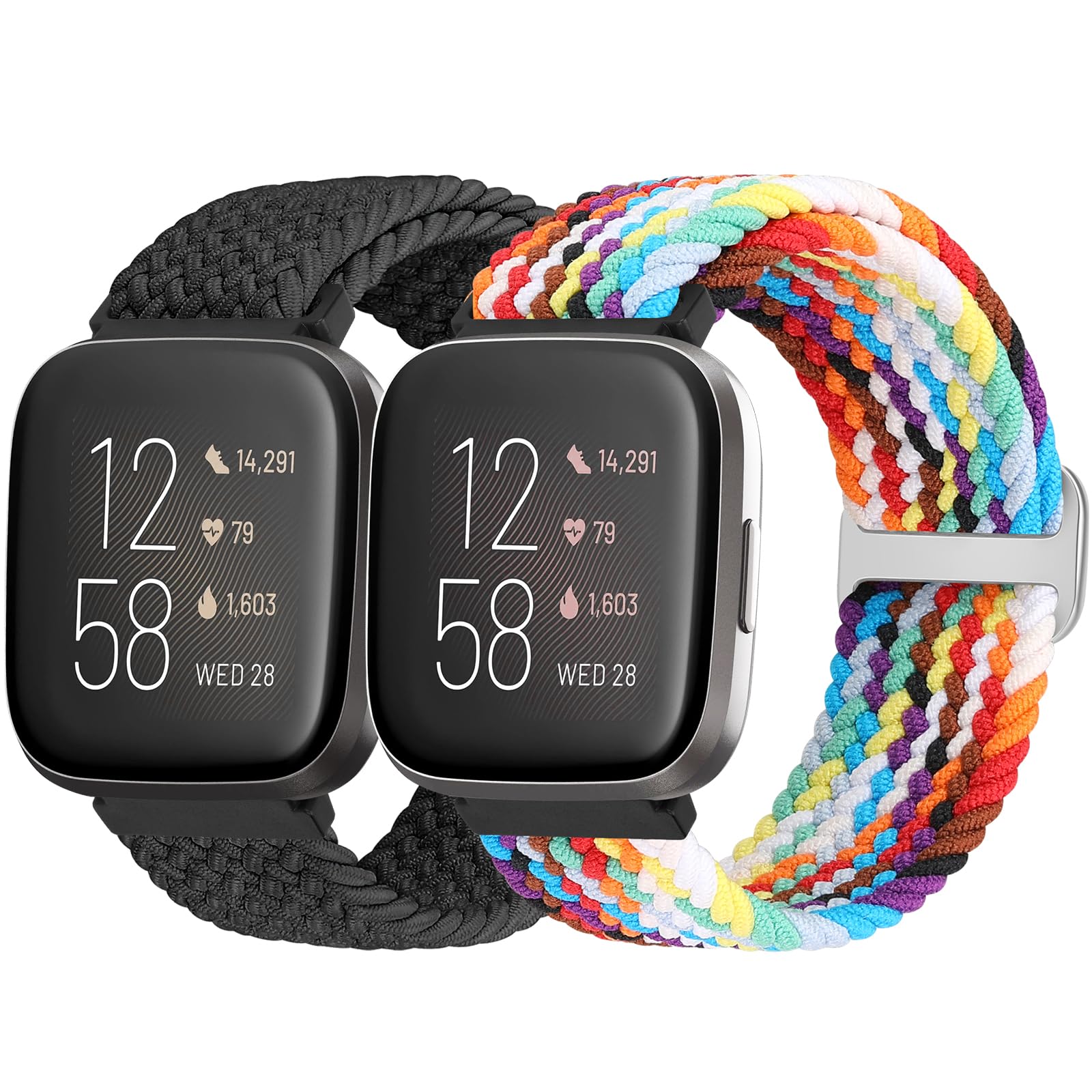 Bcuckood Braided Strap Compatible for Fitbit Versa 2/Versa Lite/Versa SE, 2 Pack Adjustable Elastic Nylon Sport Watch Band for Women Men — image 1