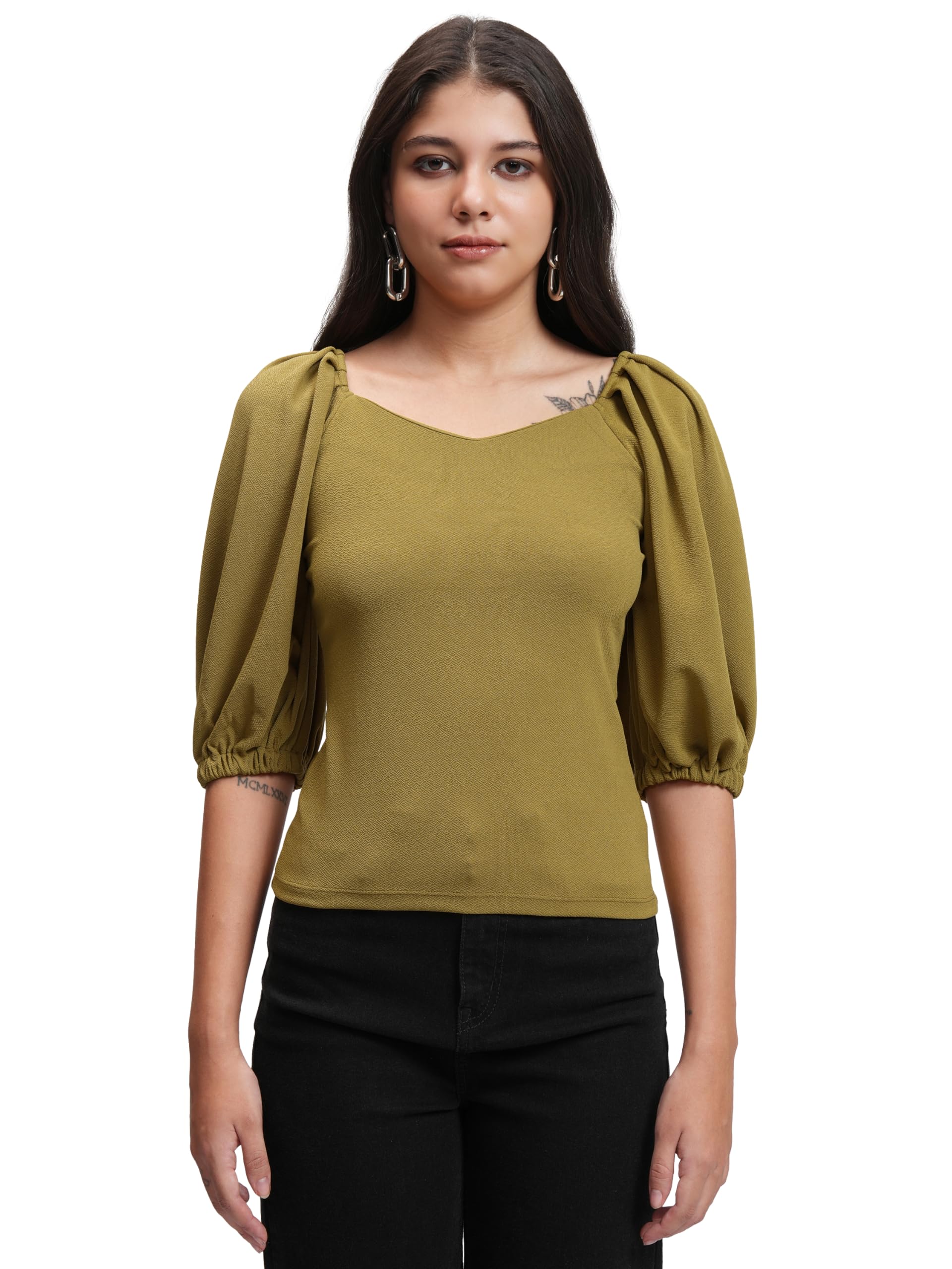 Tokyo Talkies Women's Solid Fitted Crop Top | Short Puff Sleeves | Chic & Feminine | Tops for Woman | Women Tops | Stylish Top-picture-14