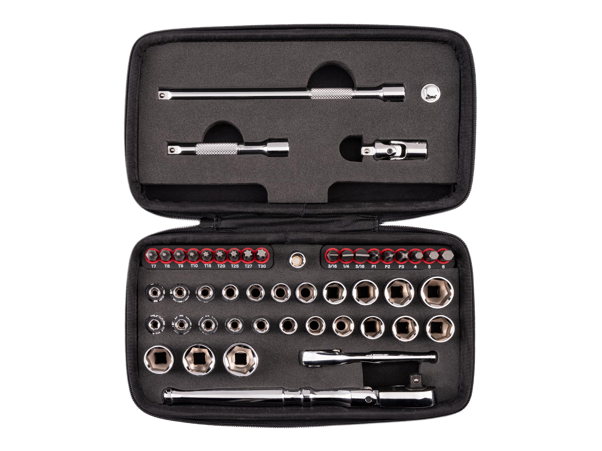 TEKTON 1/4 Inch Drive 6-Point Small Engine Shallow Socket, Bit, and Flex Head Non-Quick-Release Ratchet Set with Case (50-Piece) | SKT07903