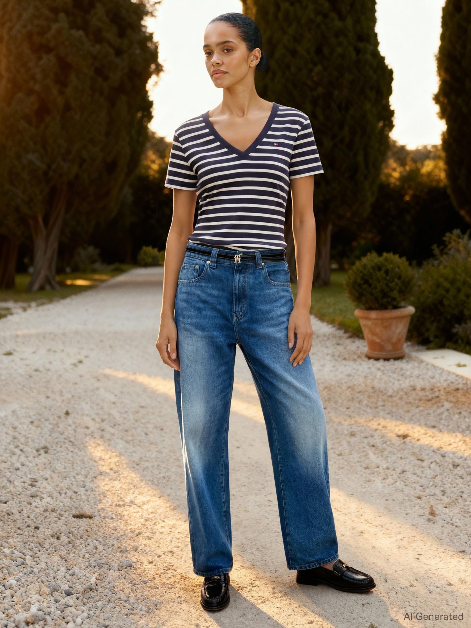 Tommy Hilfiger Damska koszulka z krótkim rękawem i dekoltem w serek, nowa koszulka Slim Cody, Niebieski (Nos Breton Desert Sky/Ecru), XXL